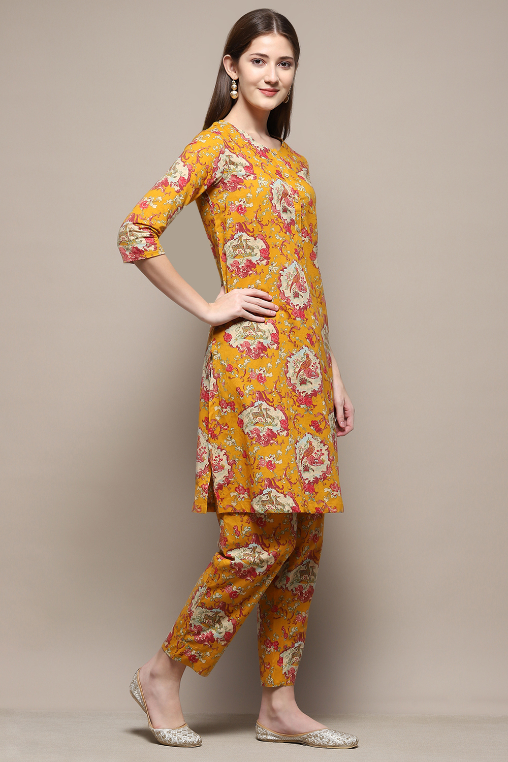 Mustard Cotton Straight Kurta Relaxed Pant Suit Set image number 5