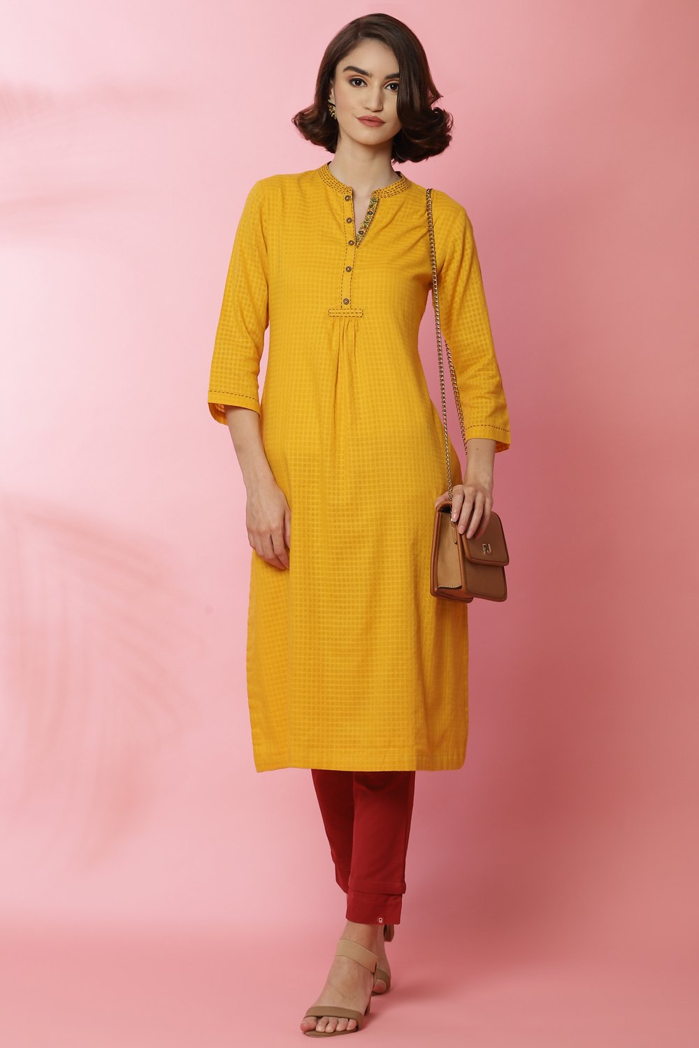 Ochre Cotton Straight Yarndyed Kurta image number 0