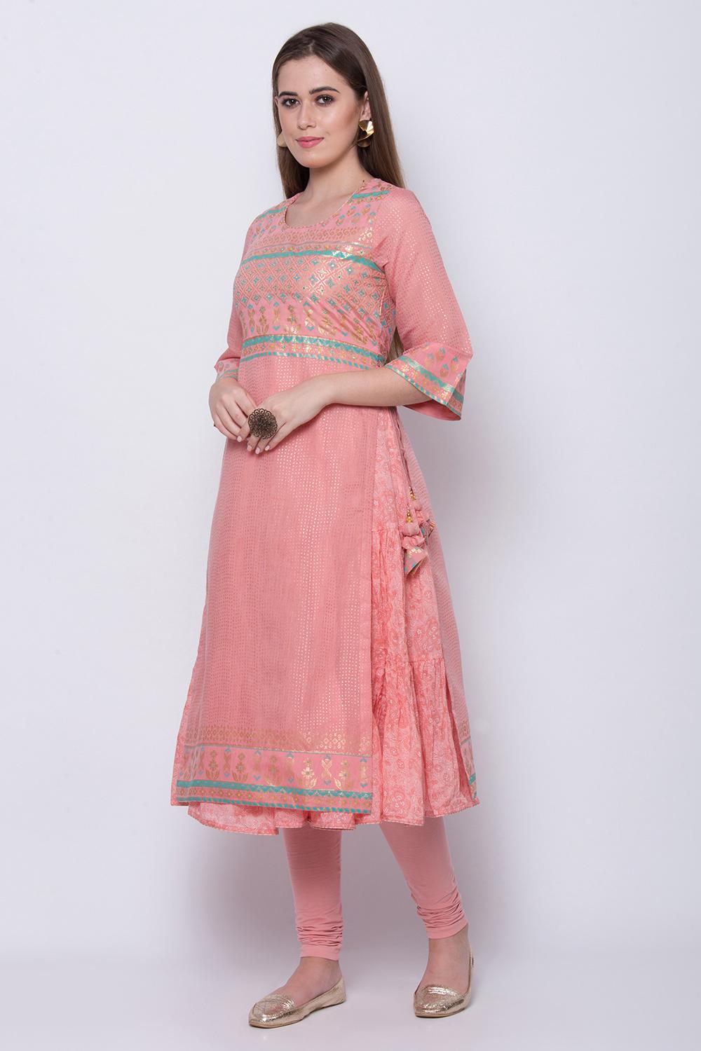 Peach Art Silk Flared Printed Kurta image number 3