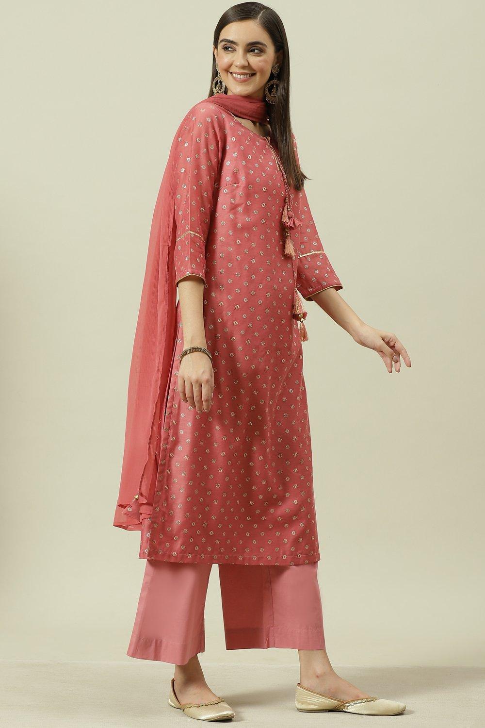 Pink Floral Print Cotton Blend Straight Kurta with Palazzo Co-ord Set