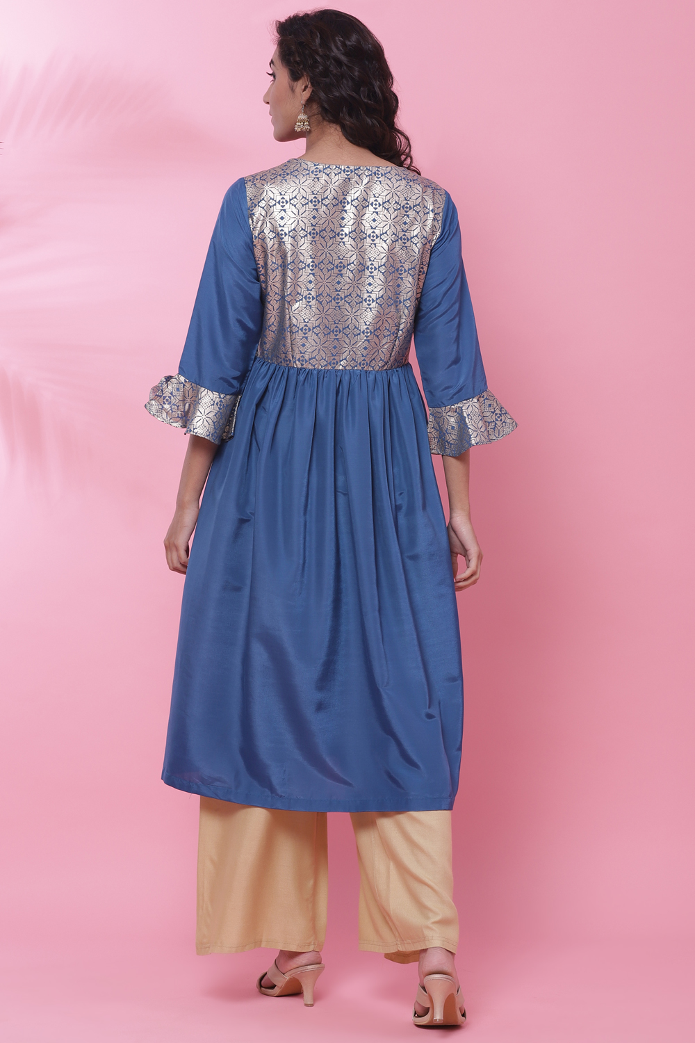 Blue Art Silk Flared Kurta image number 4