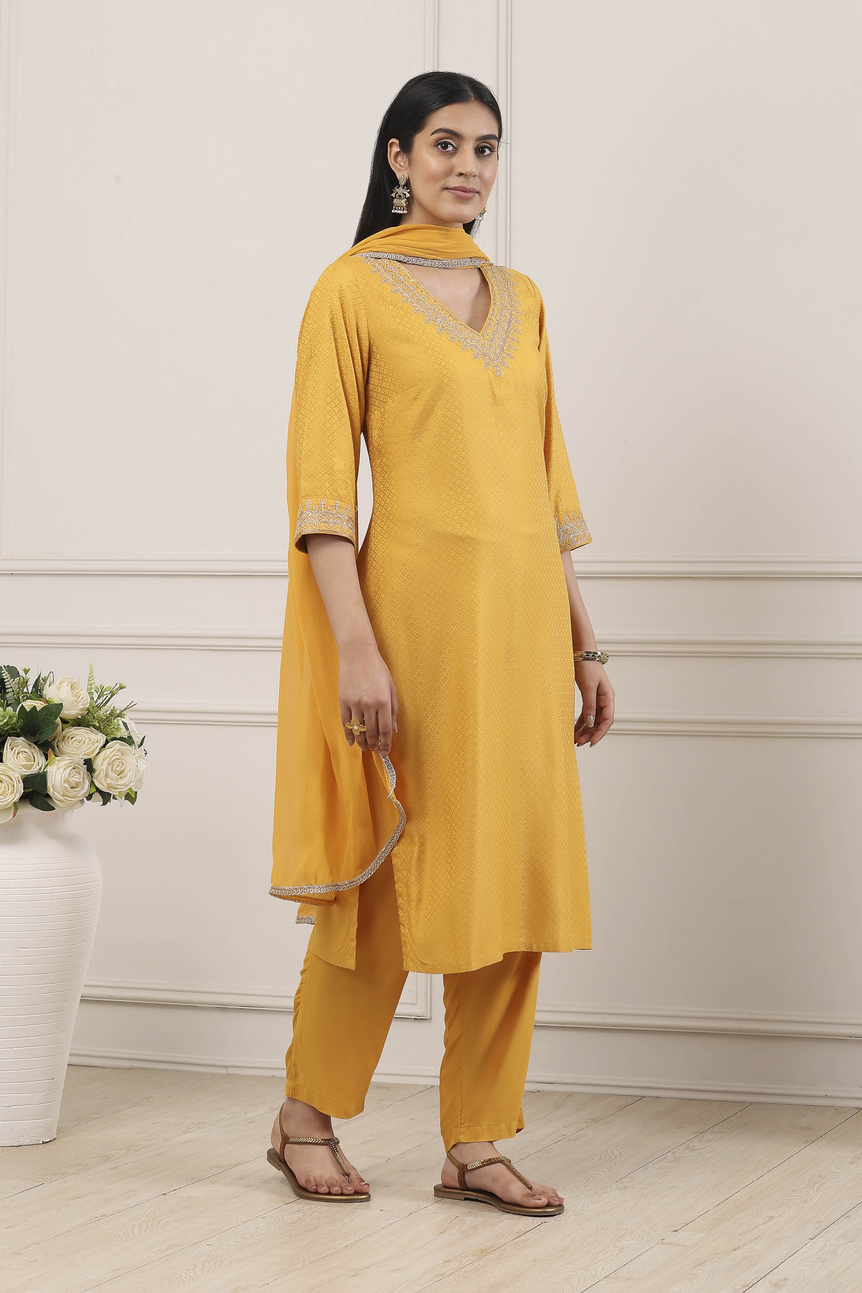 Yellow Viscose Rayon Straight Suit Set image number 5