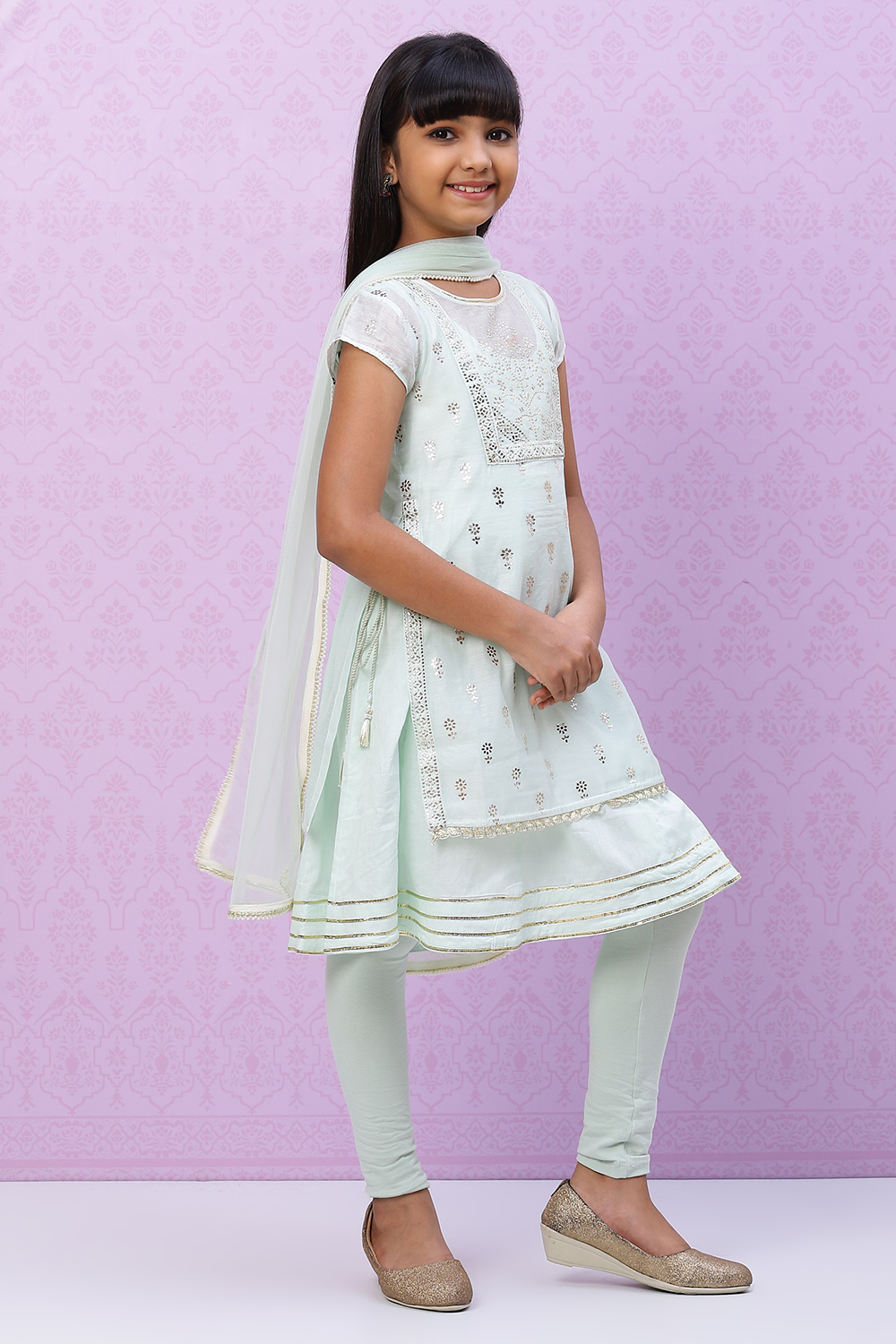 Light Blue Art Silk Girls Flared Kurta Churidar Suit Set image number 2