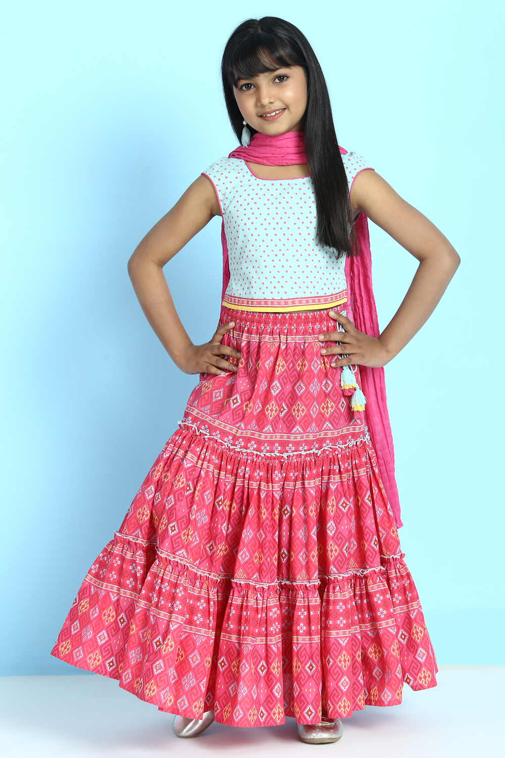 Sky Blue And Pink Cotton Straight Kurta Lehenga Suit Set image number 2