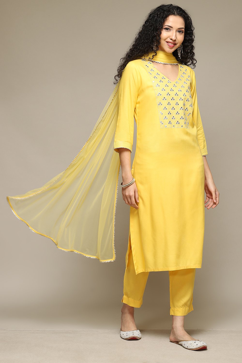 Yellow Rayon Straight Kurta Pants Suit Set image number 0