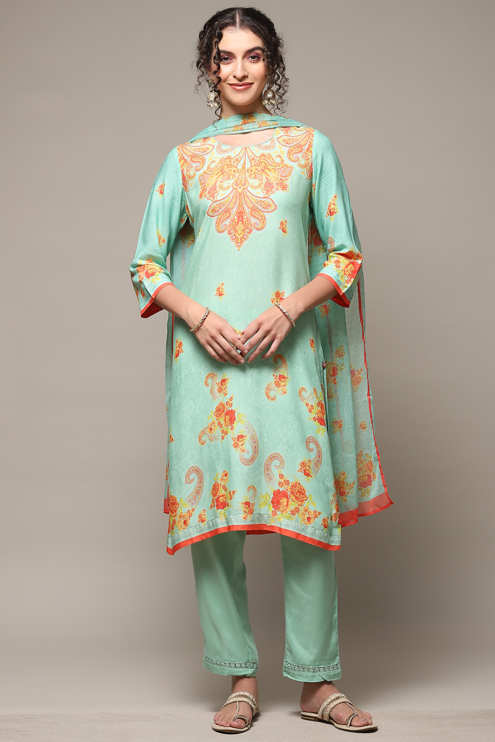 Sea Green Rayon Straight Kurta Regular Pants Suit Set image number 7