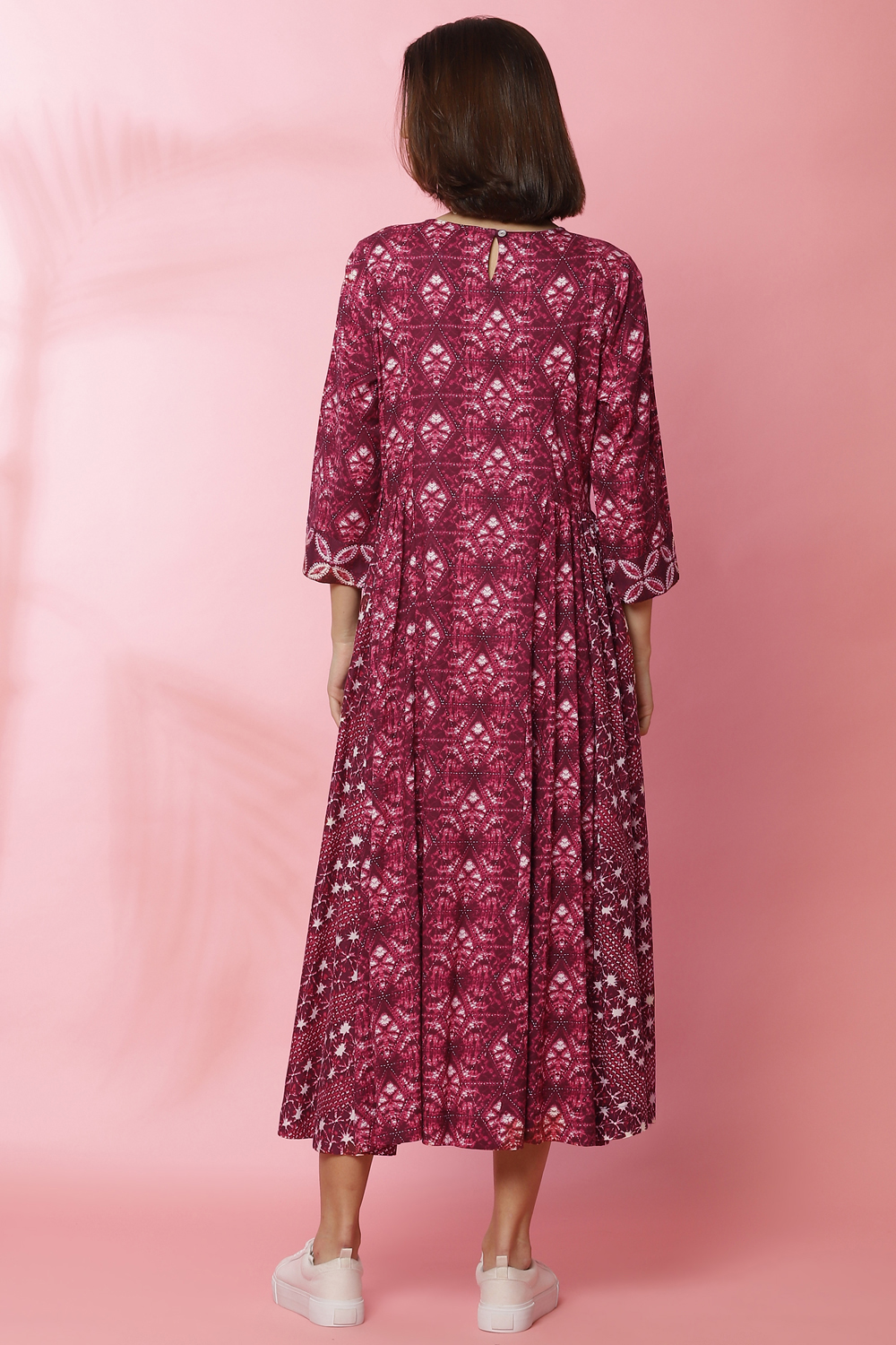 Magenta Rayon Flared Lace Printed Dress image number 5