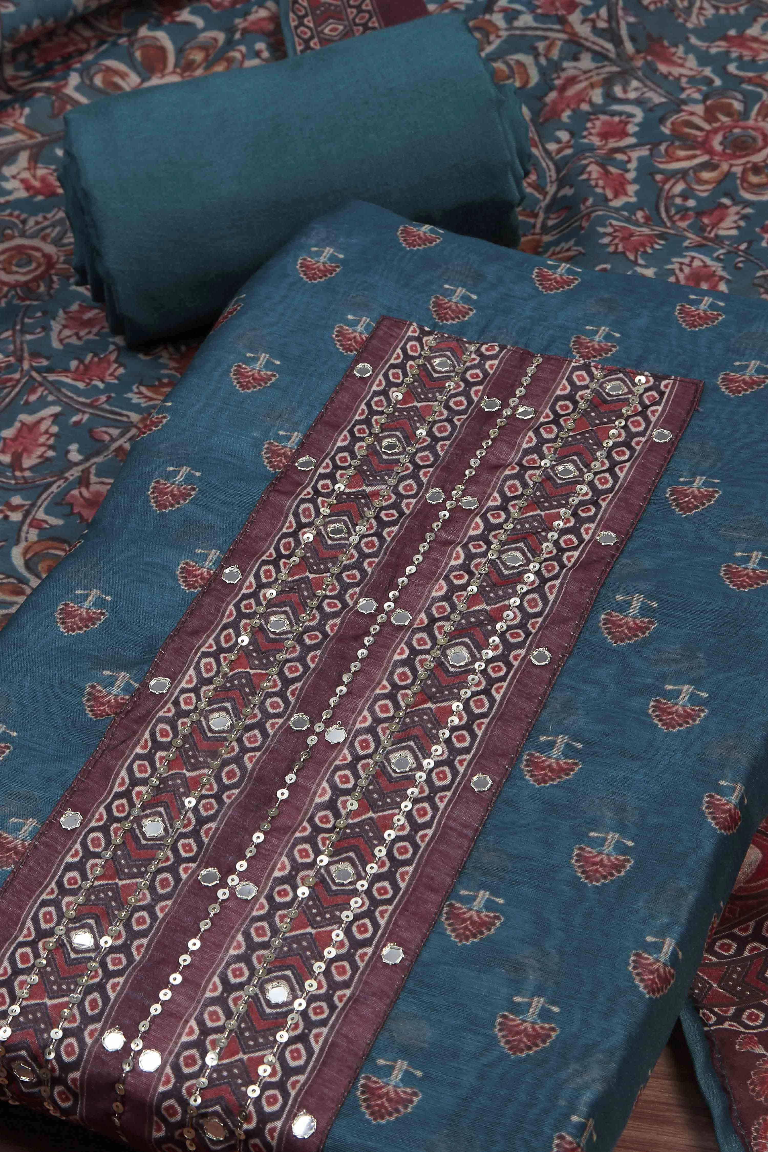 Olive Green Chanderi Rajasthani Print Unstitched Suit Set image number 1