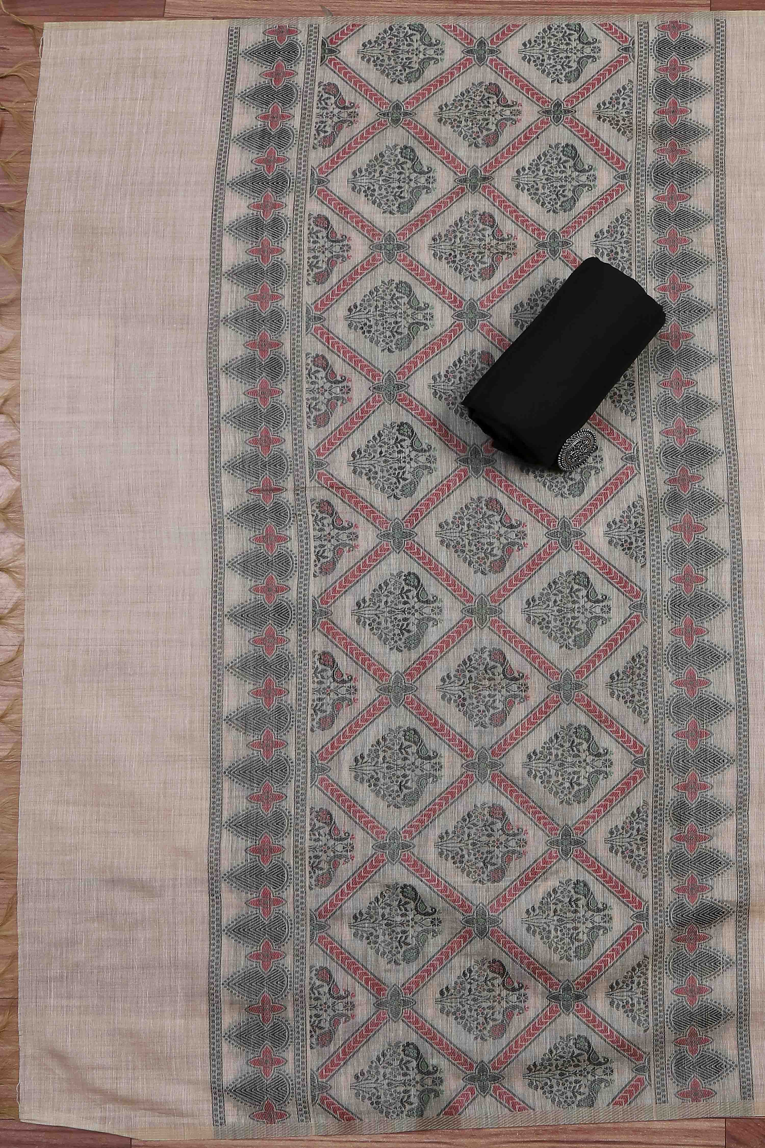 Black Cotton Printed Embroidered Unstitched Suit Set image number 3