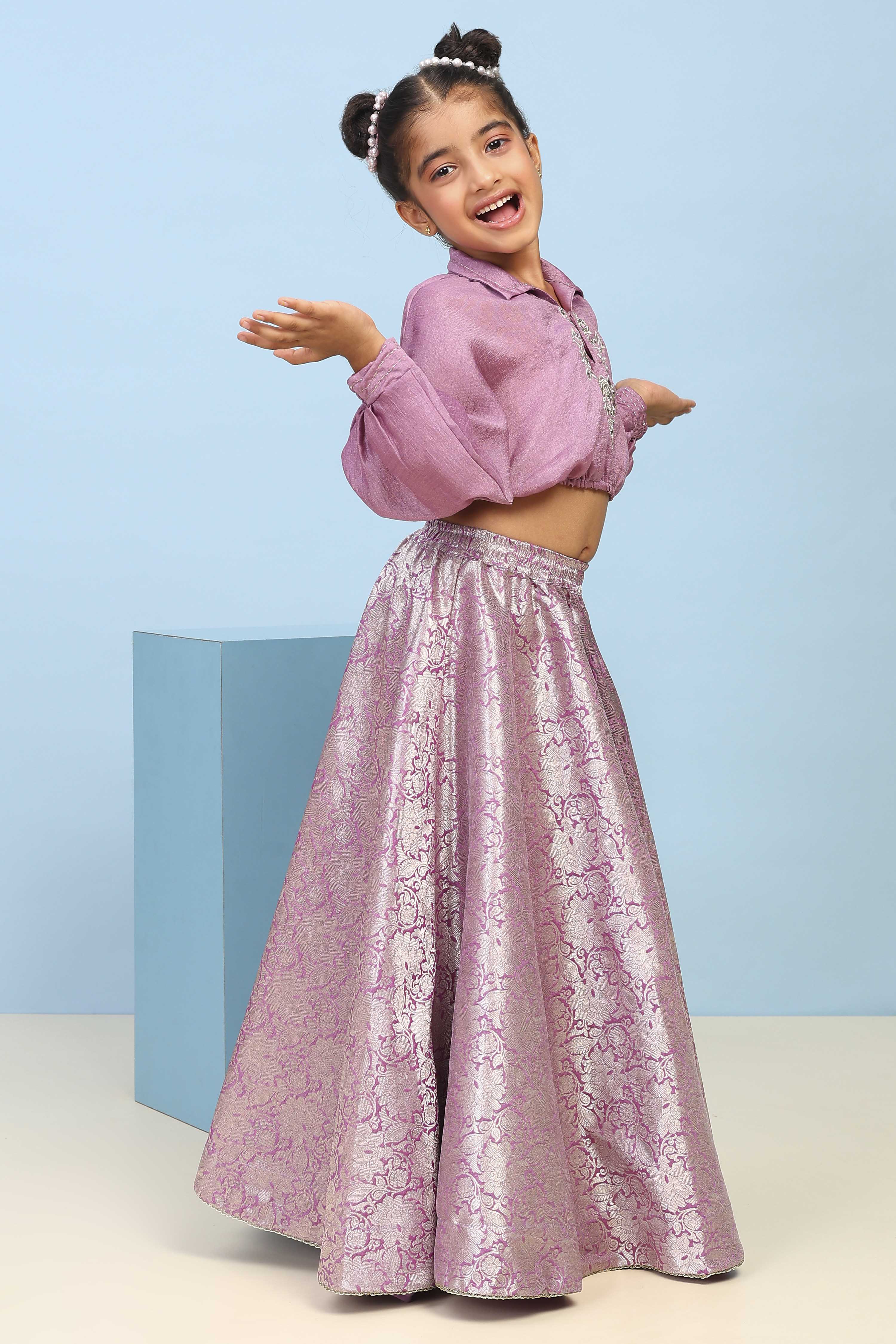 Lilac Polyester Flared Lehenga Set image number 5