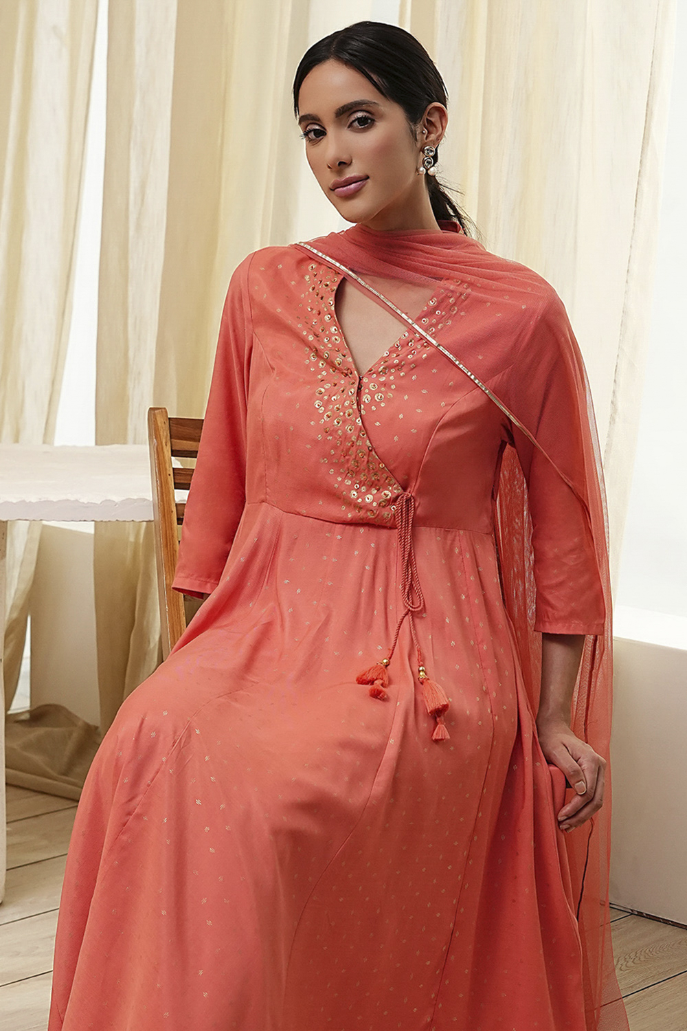 Peach Modal Printed Angrakha Anarkali Suit Set image number 7