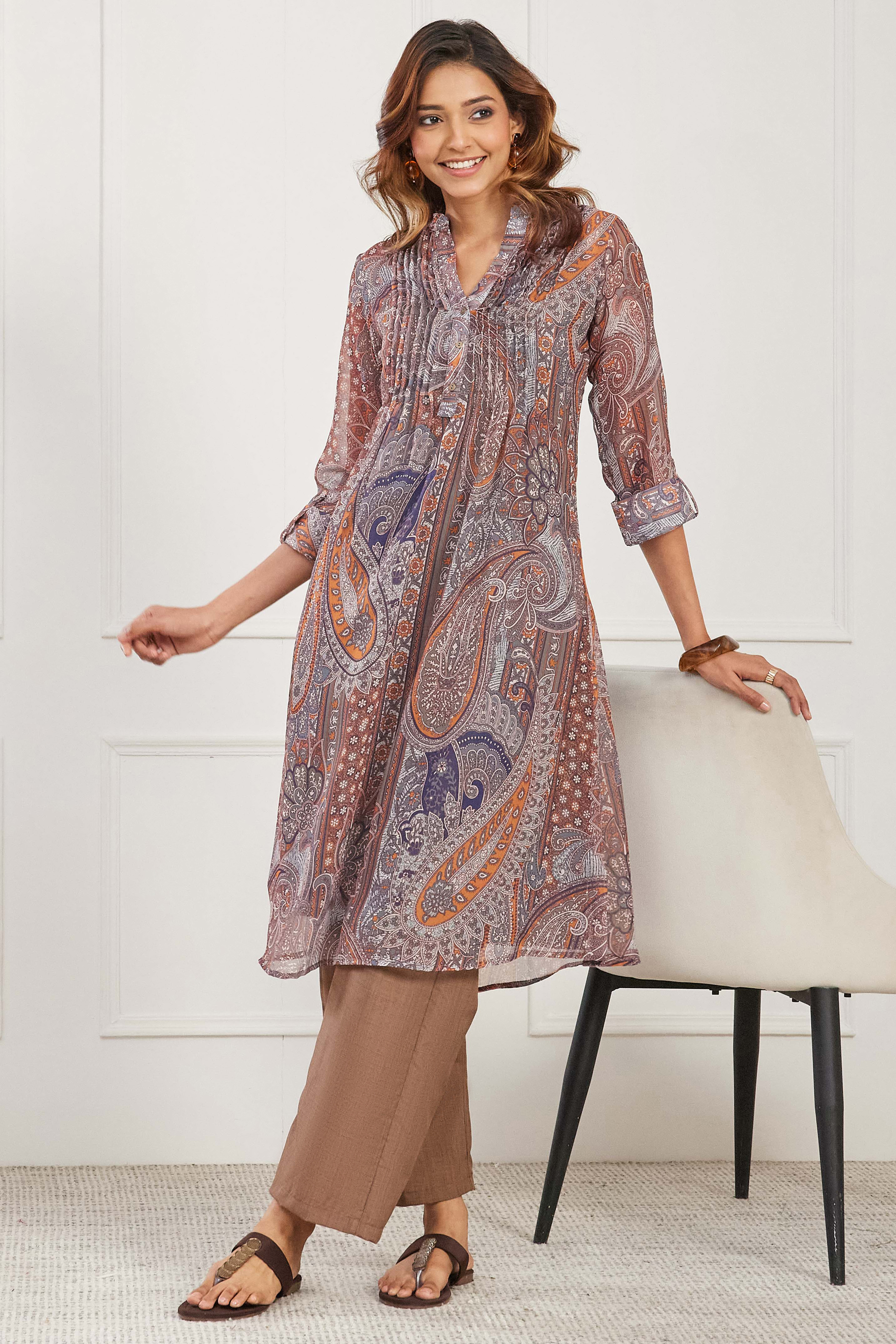Brown Polyester Printed Straight Kurta image number 0