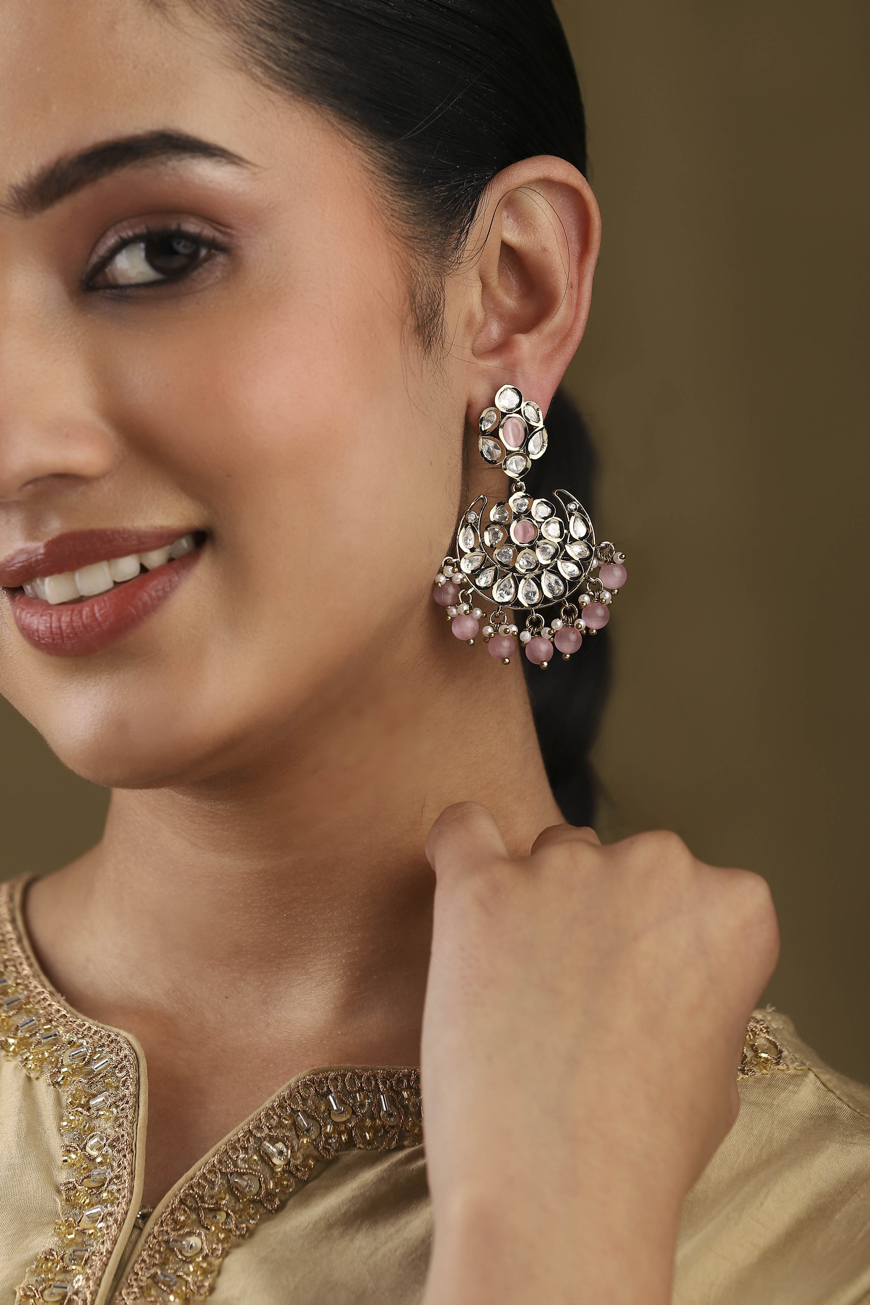 Light Pink Gold Plated Studded Drop Earrings image number 4