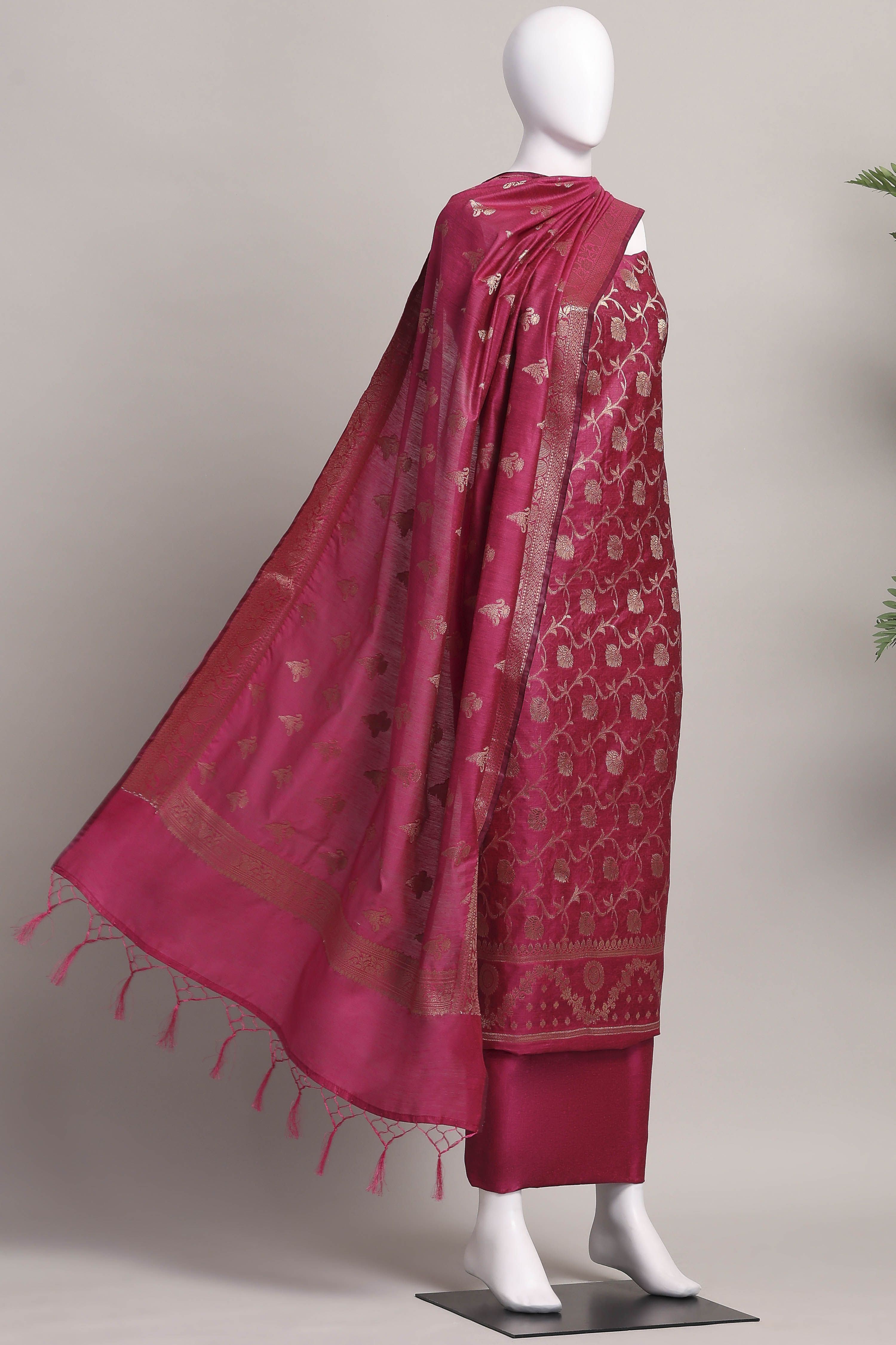 Rani Banarasi Chanderi Banarasi Print Unstitched Suit Set image number 4