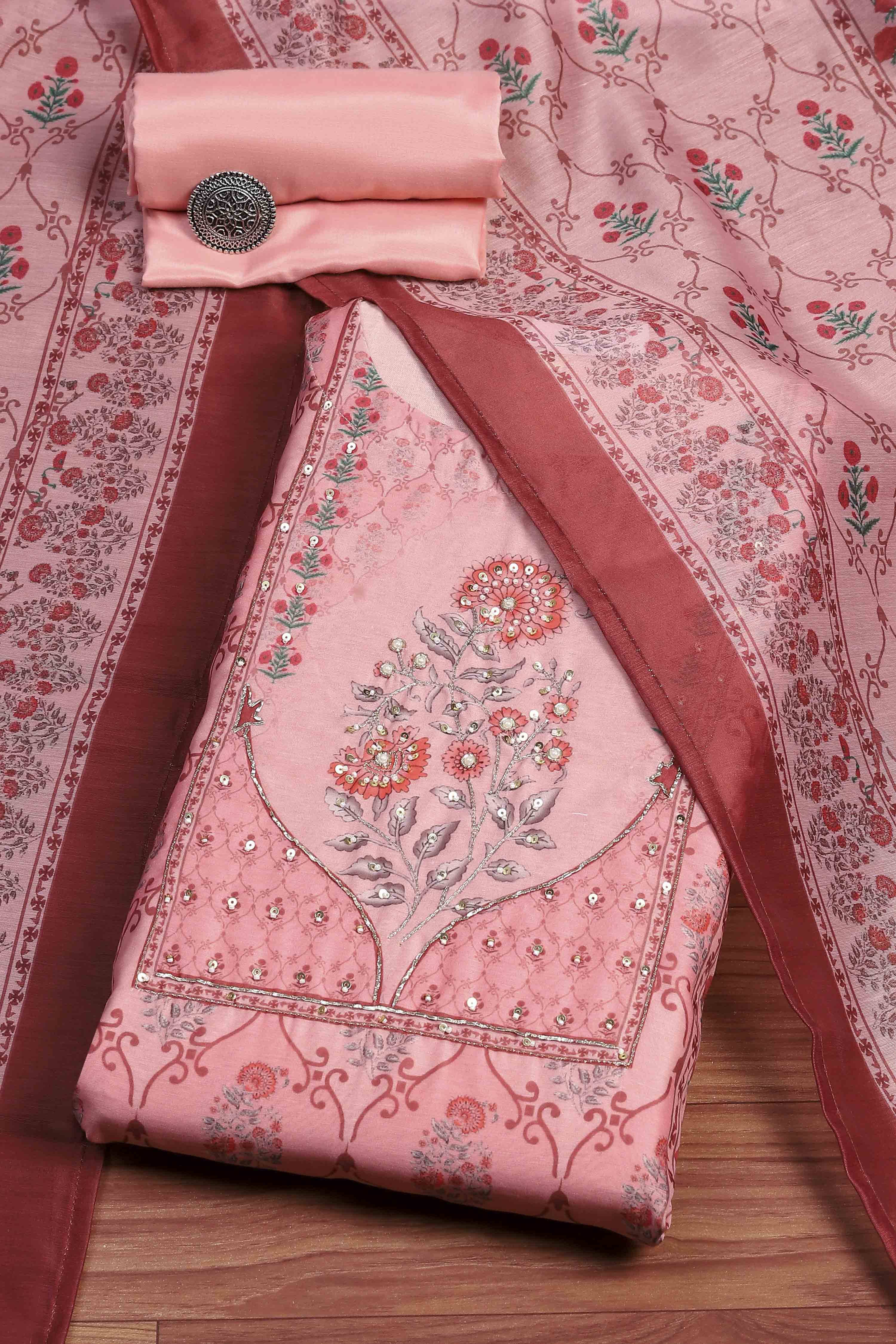 Pink Chanderi Blend Printed Embroidered Unstitched Suit Set image number 0