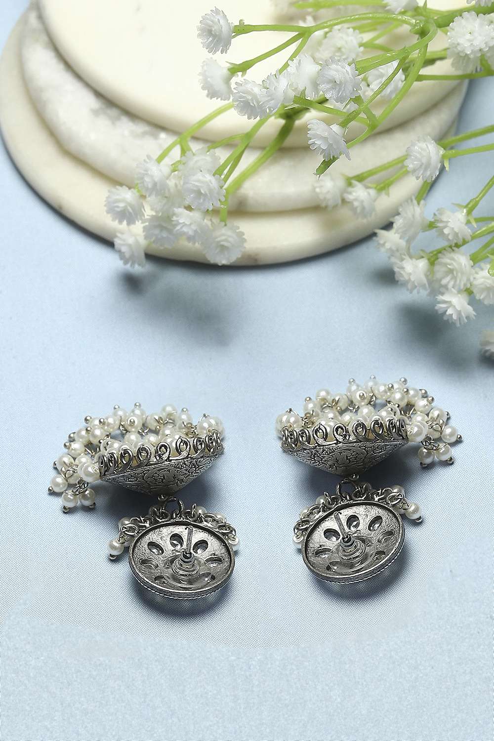 Pink Oxidised Stone Studded Dome Shaped Jhumkas image number 2