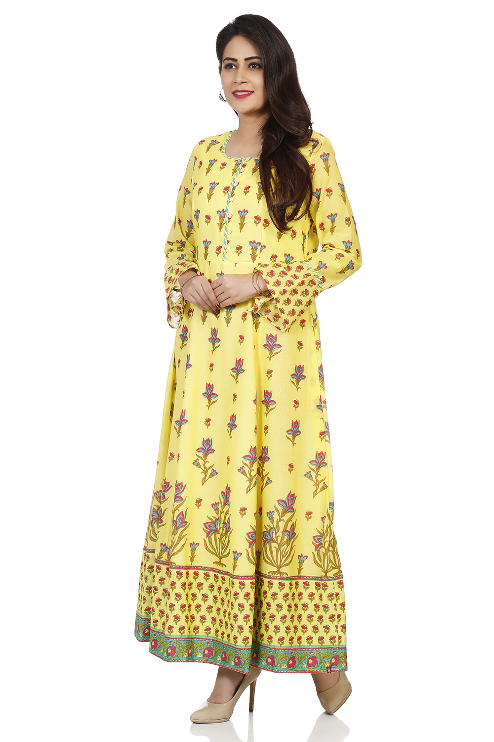 Lemon Yellow Cotton Kalidar Printed Kurta image number 3