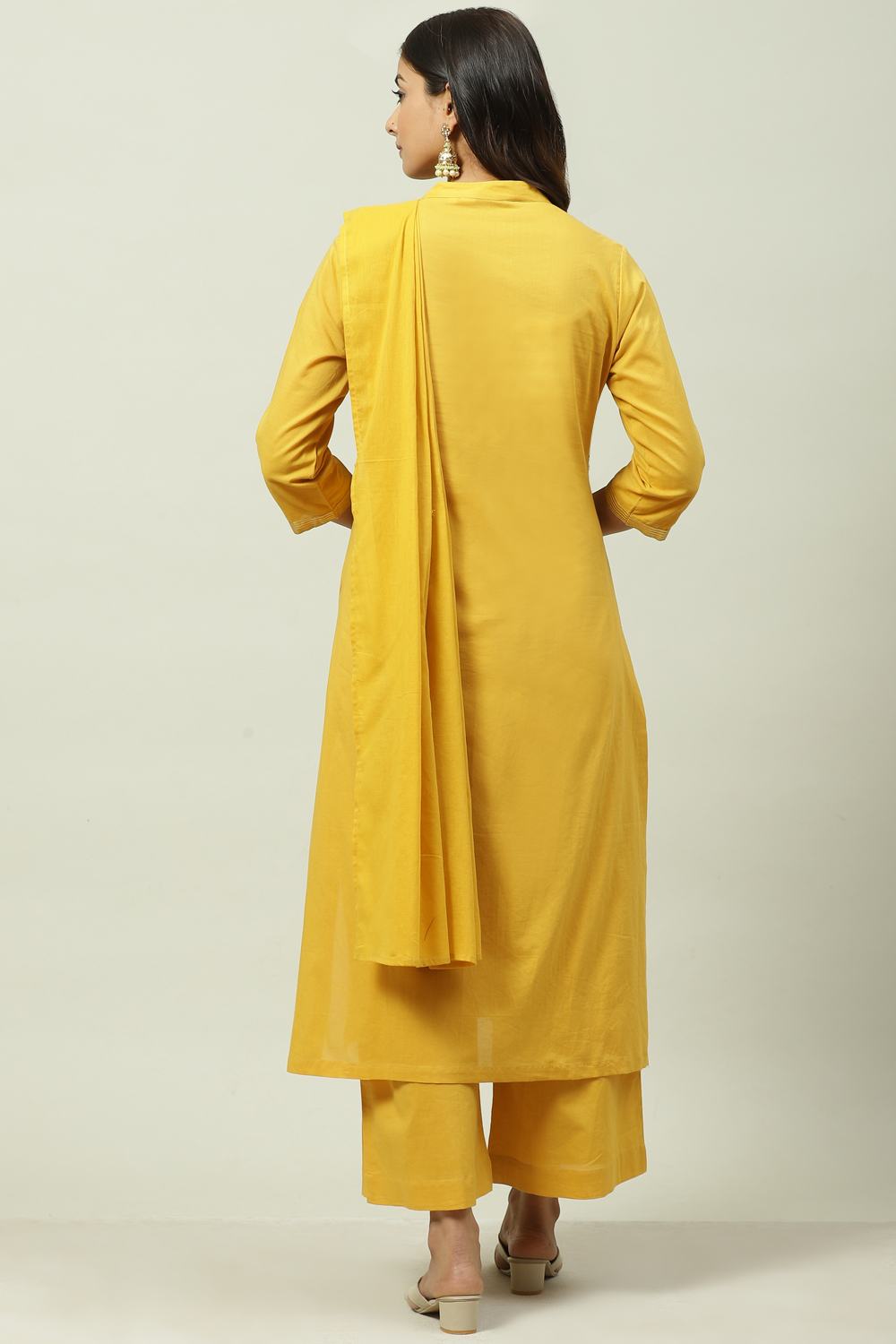 Mustard Printed Cotton Straight Kurta Palazzo Suit Set