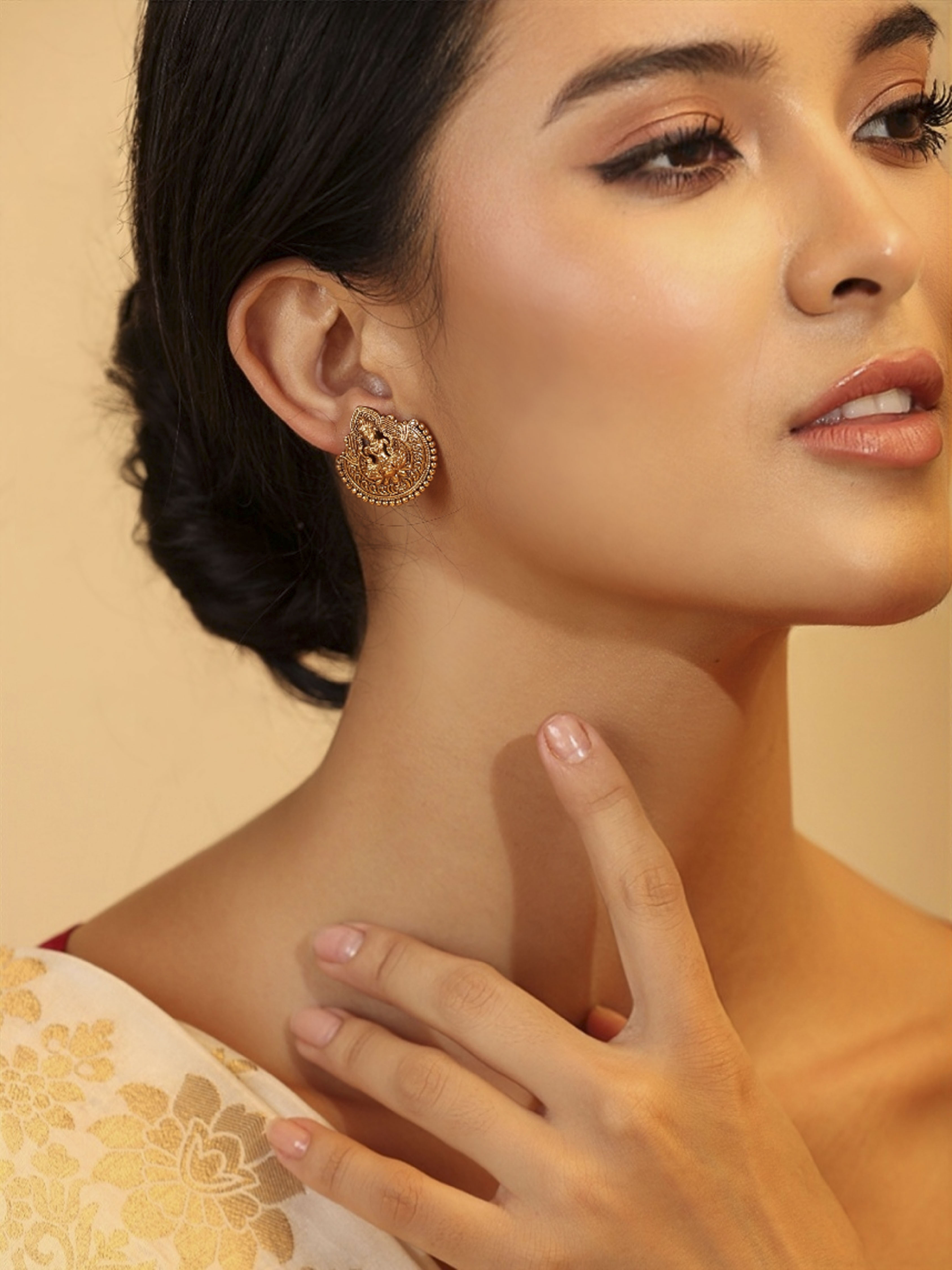 Gold Plated Brass Stud Temple Earrings image number 1