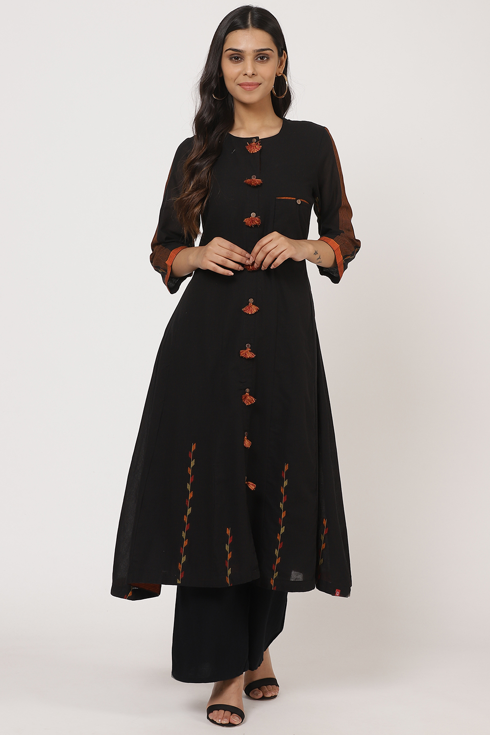 Black Cotton A-Line Yarndyed Kurta image number 2