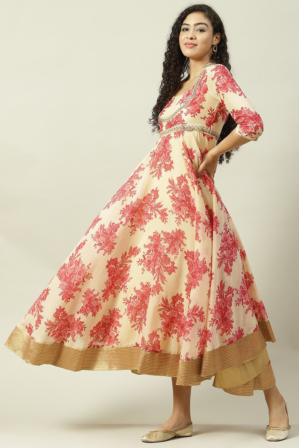 Beige Art Silk Flared Fusion Printed Dress image number 2