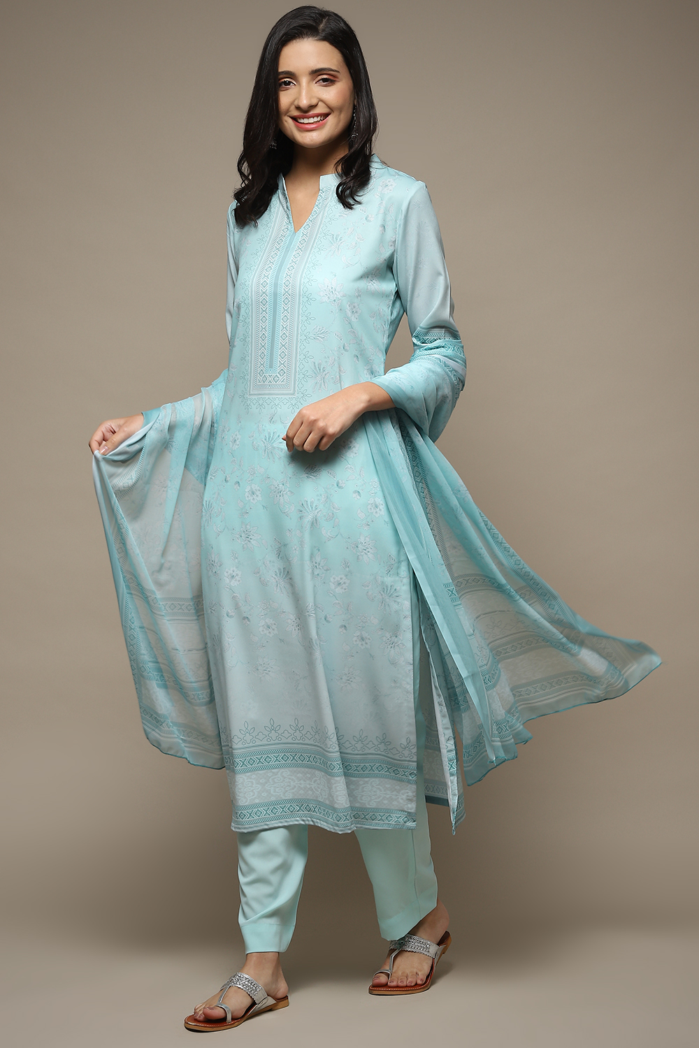 Light Blue Silk Blend Digital Print Unstitched Suit Set image number 1