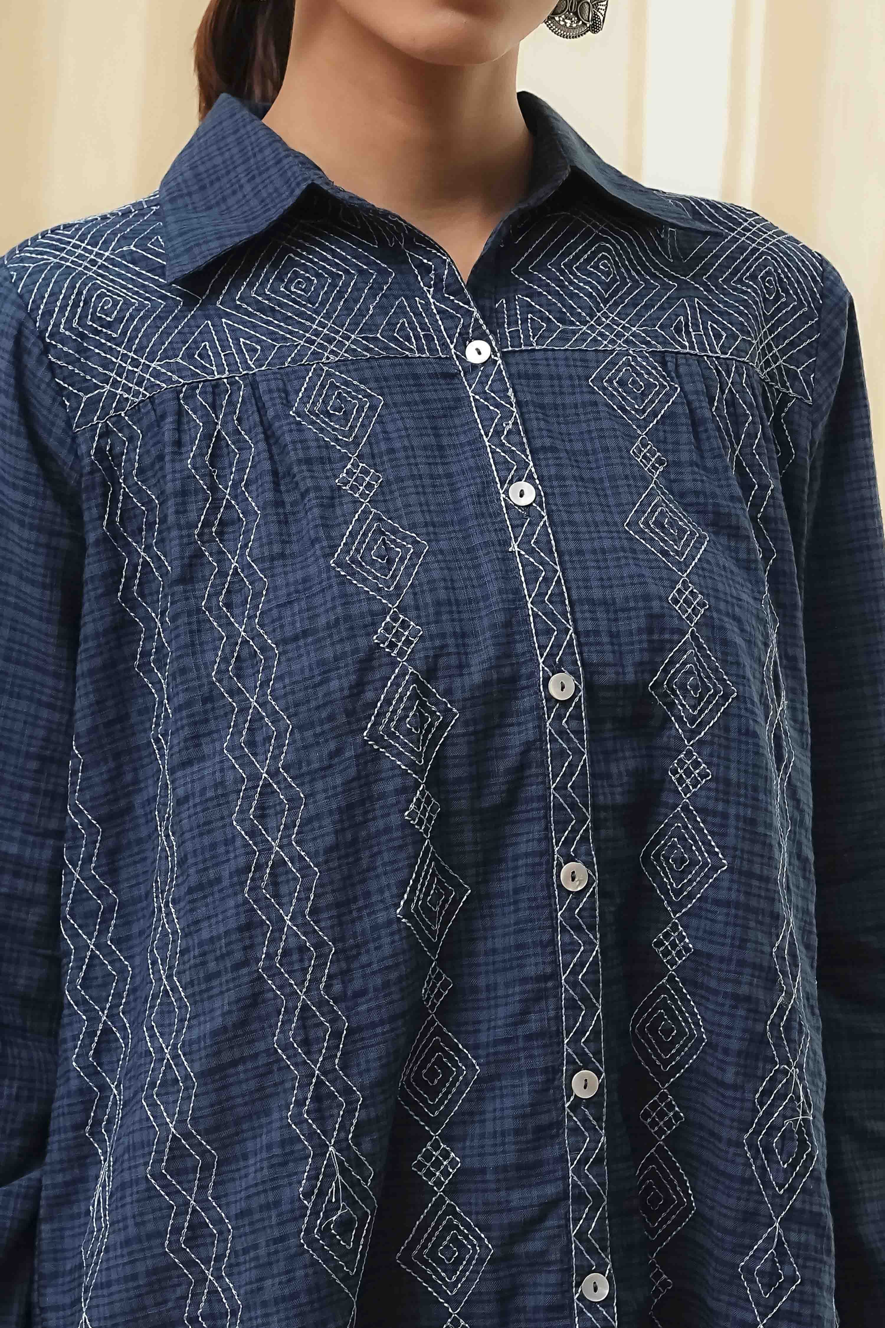 Blue Cotton Blend High-Low Straight Shirt image number 1
