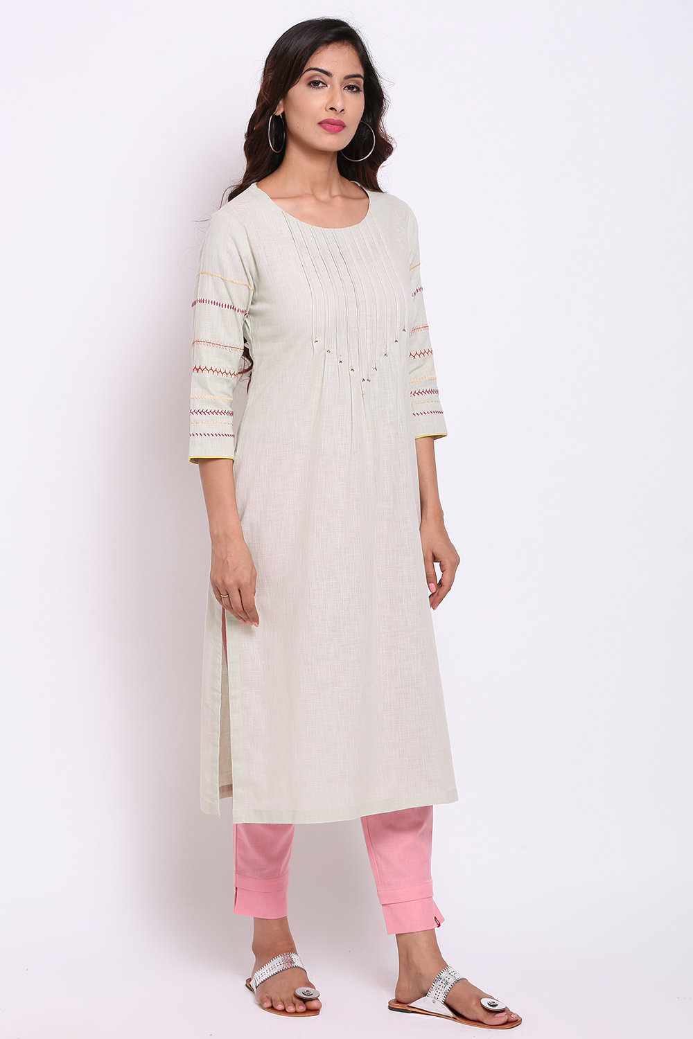 Mint Green Cotton Flax Kurta image number 4