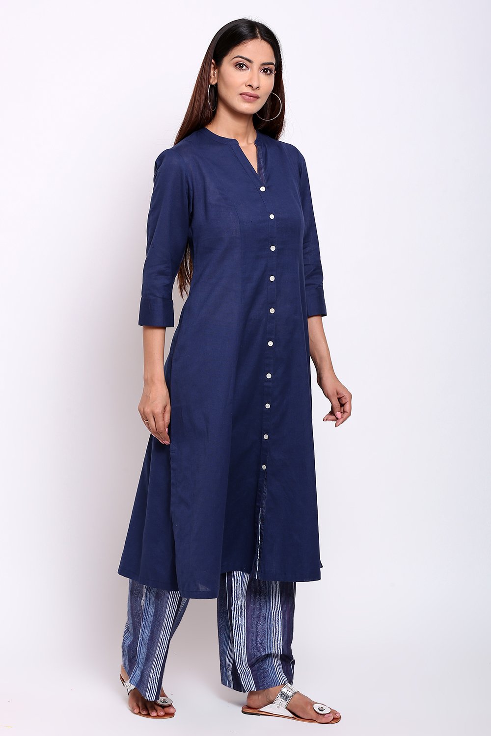 Navy Blue Cotton Flax A-Line Kurta Palazzo Suit Set image number 3