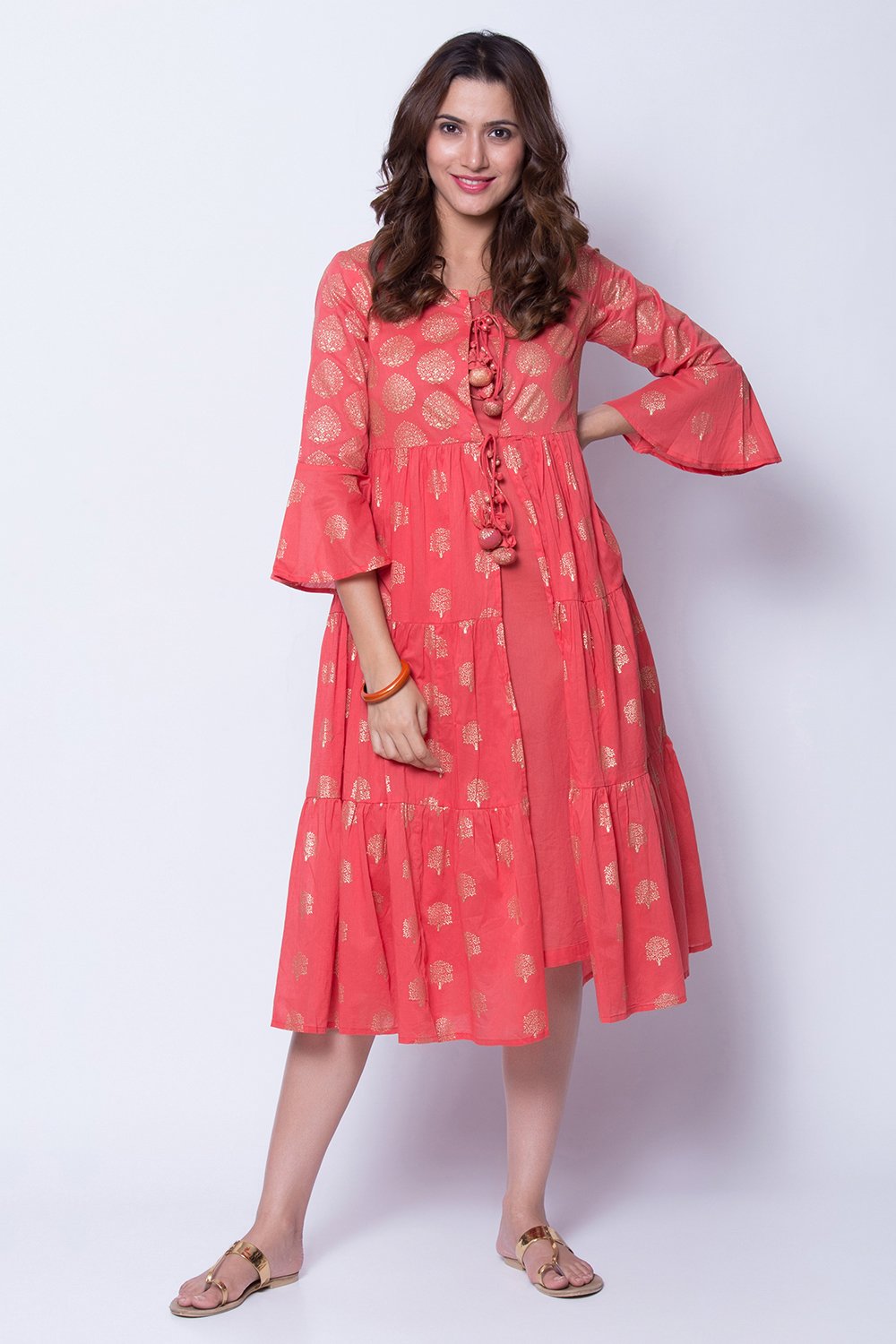 Coral Cotton Front Open Printed Kurta Dress image number 0