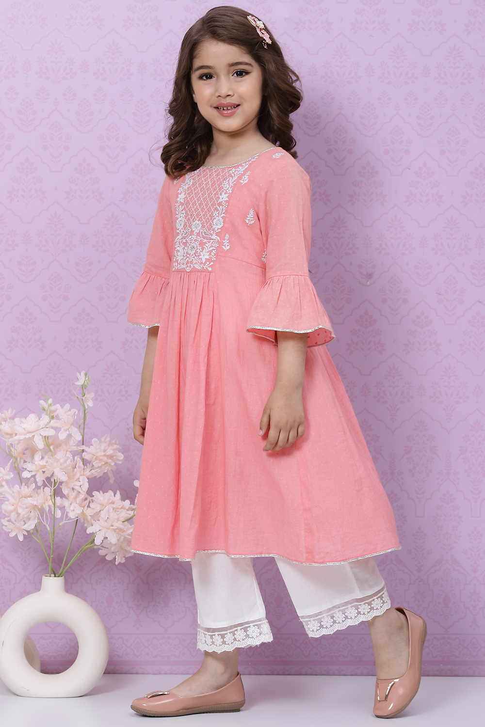 Pink Cotton Flared Embroidered Kurta Set image number 3