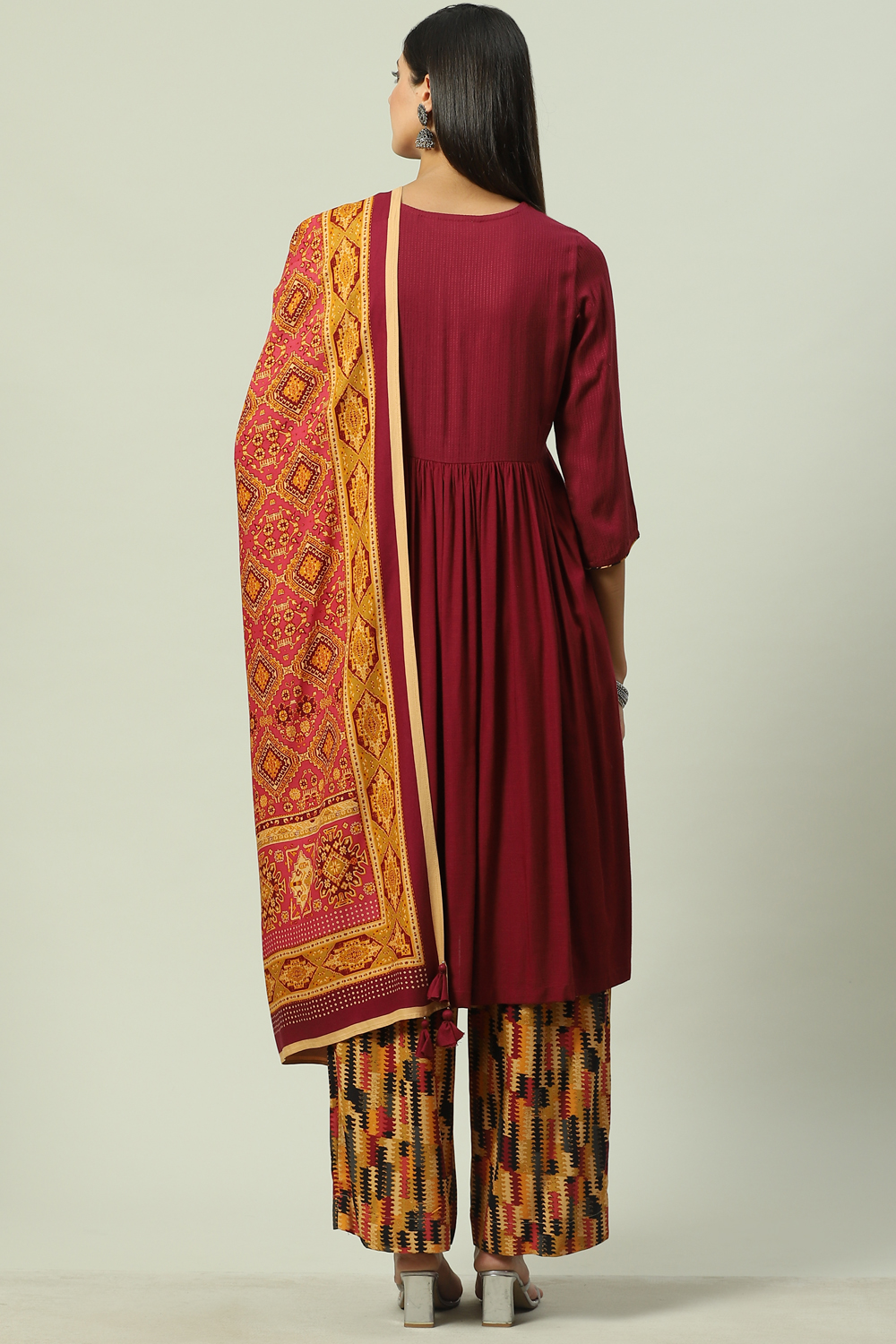 Maroon LIVA A-Line Kurta Palazzo Suit Set image number 4