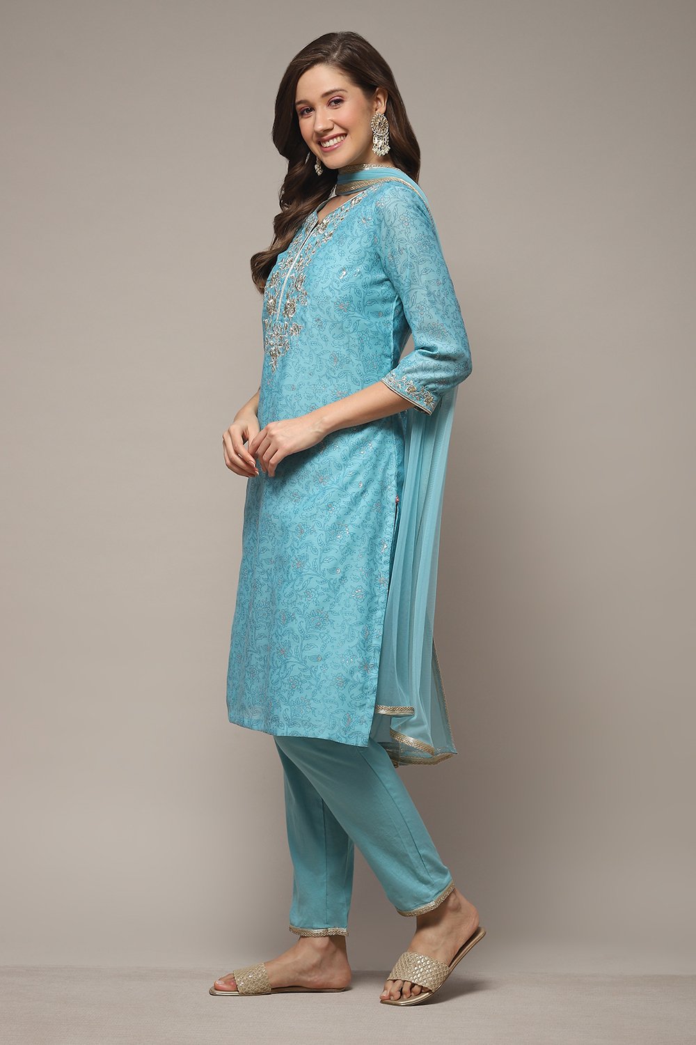 Turquoise Cotton Blend Straight Kurta Pants Suit Set image number 3