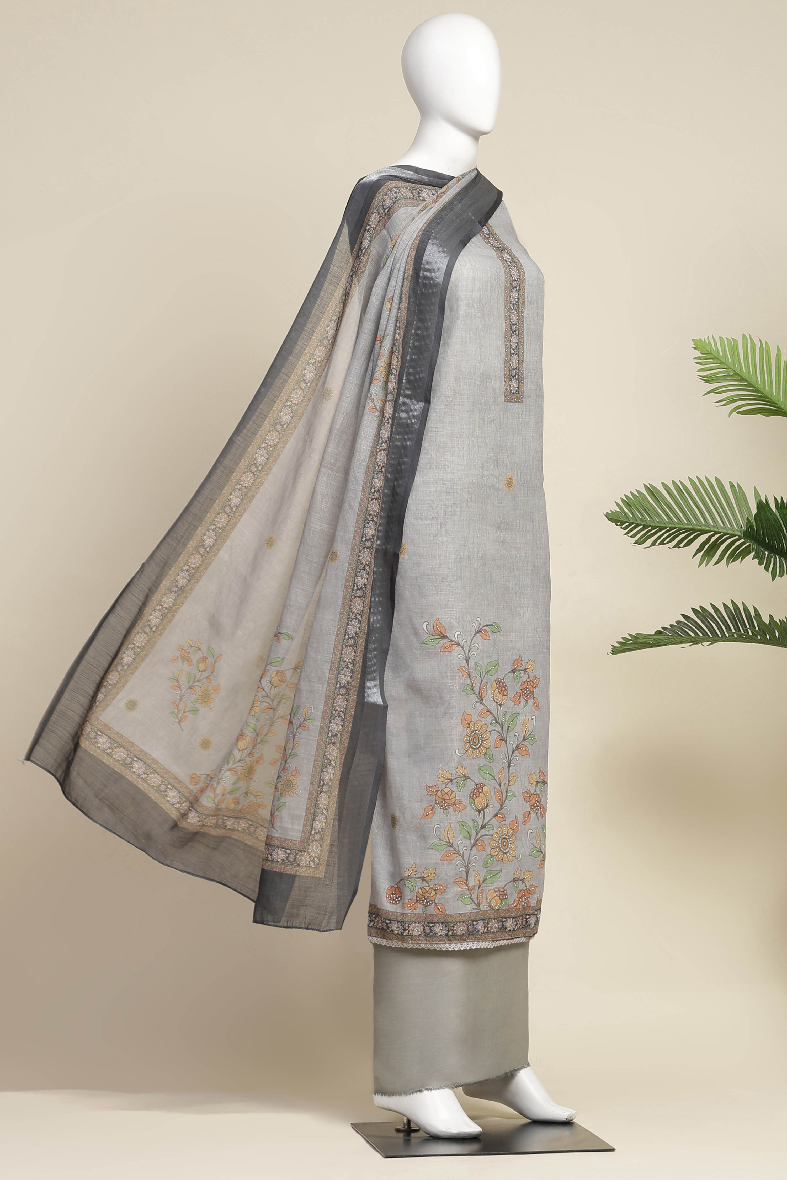 Peach Chanderi  Neck Patti Unstitched Suit Set image number 4