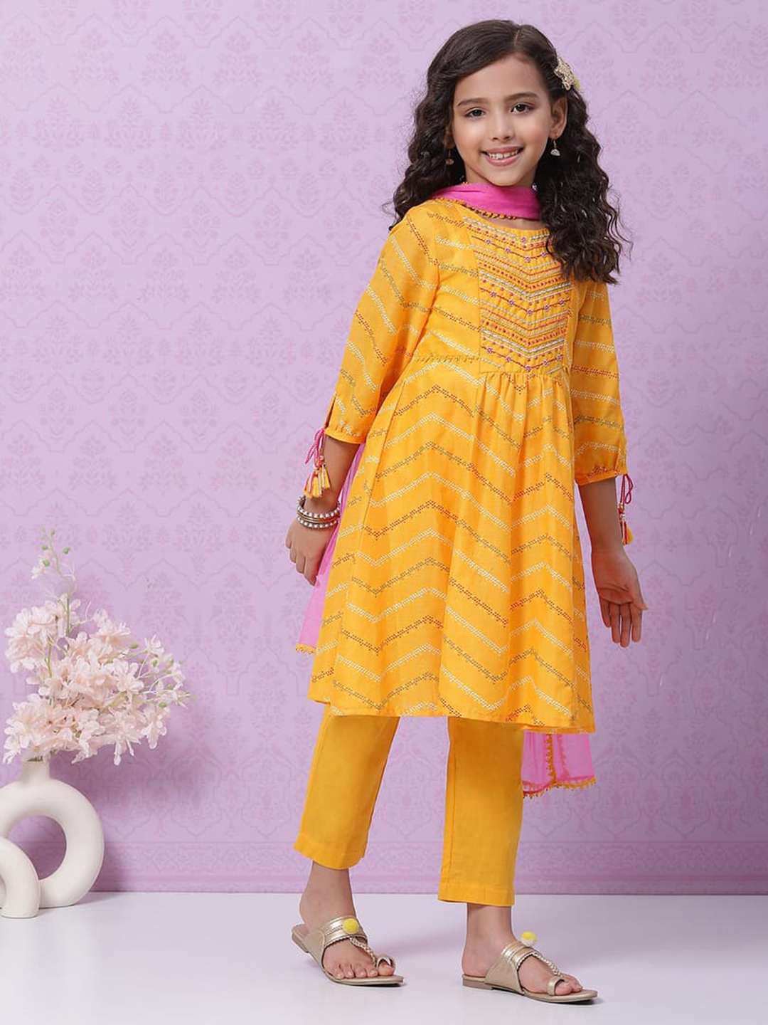 Yellow Cotton Anarkali Kurta Narrow Pants Suit Set image number 6