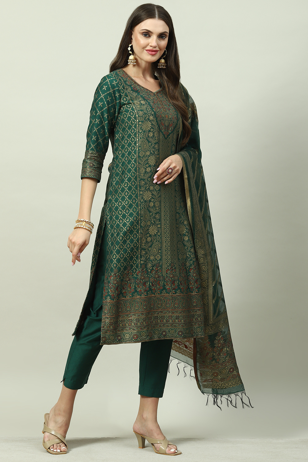 Emerald Green Art Silk Straight Kurta Slim Pants Suit Set image number 6