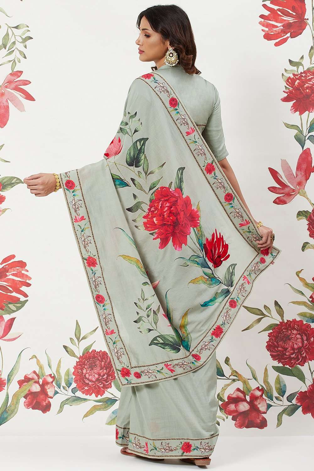 Rohit Bal Green Chanderi Silk Printed Saree With Blouse image number 5