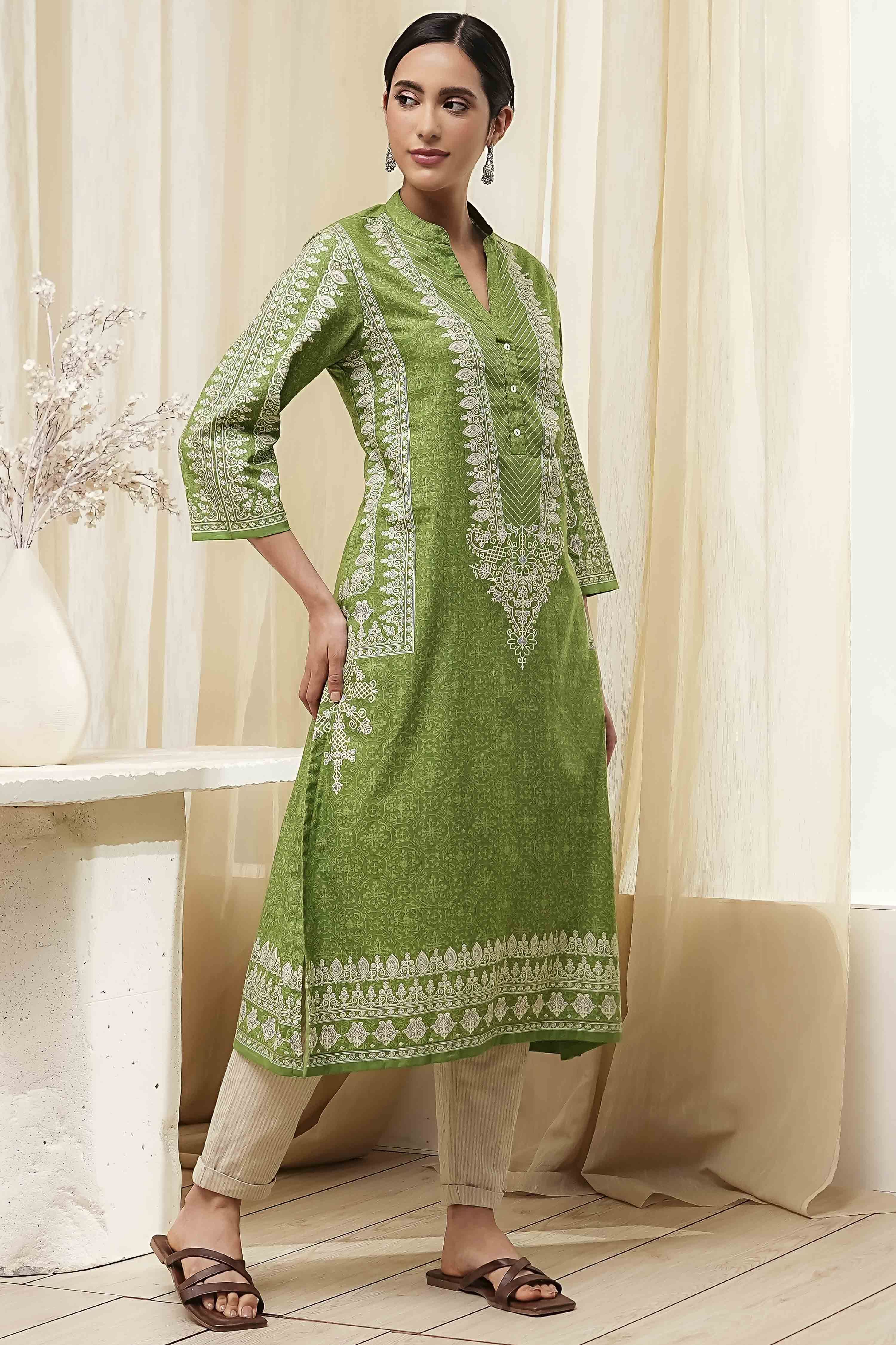 Green Cotton Printed Straight Kurta image number 4