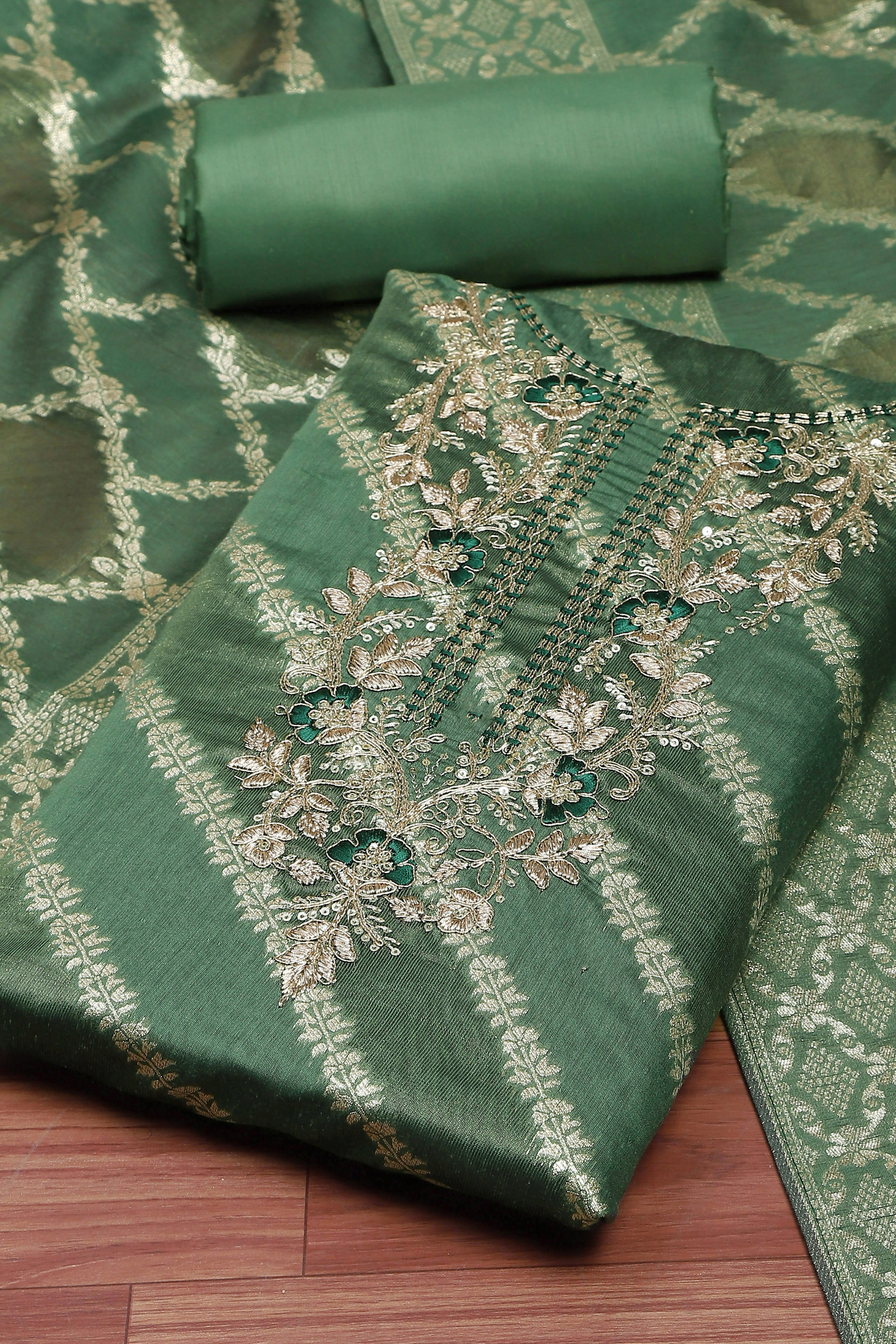 Botle Green Tissue Chanderi Embroidered Unstitched Suit Set image number 1