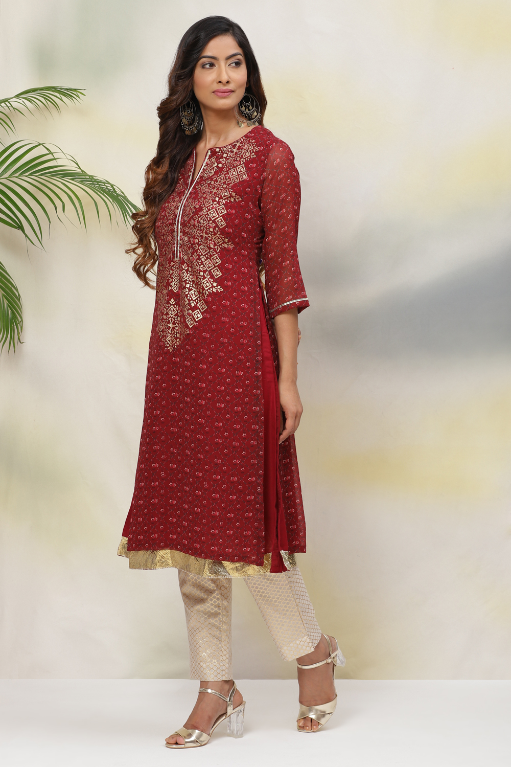 Rust Straight Art Silk Printed Kurta image number 2