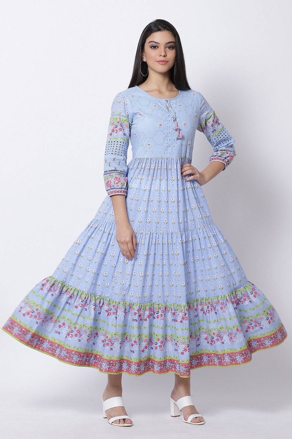 Cyan Blue Cotton Tiered Printed Dress image number 0
