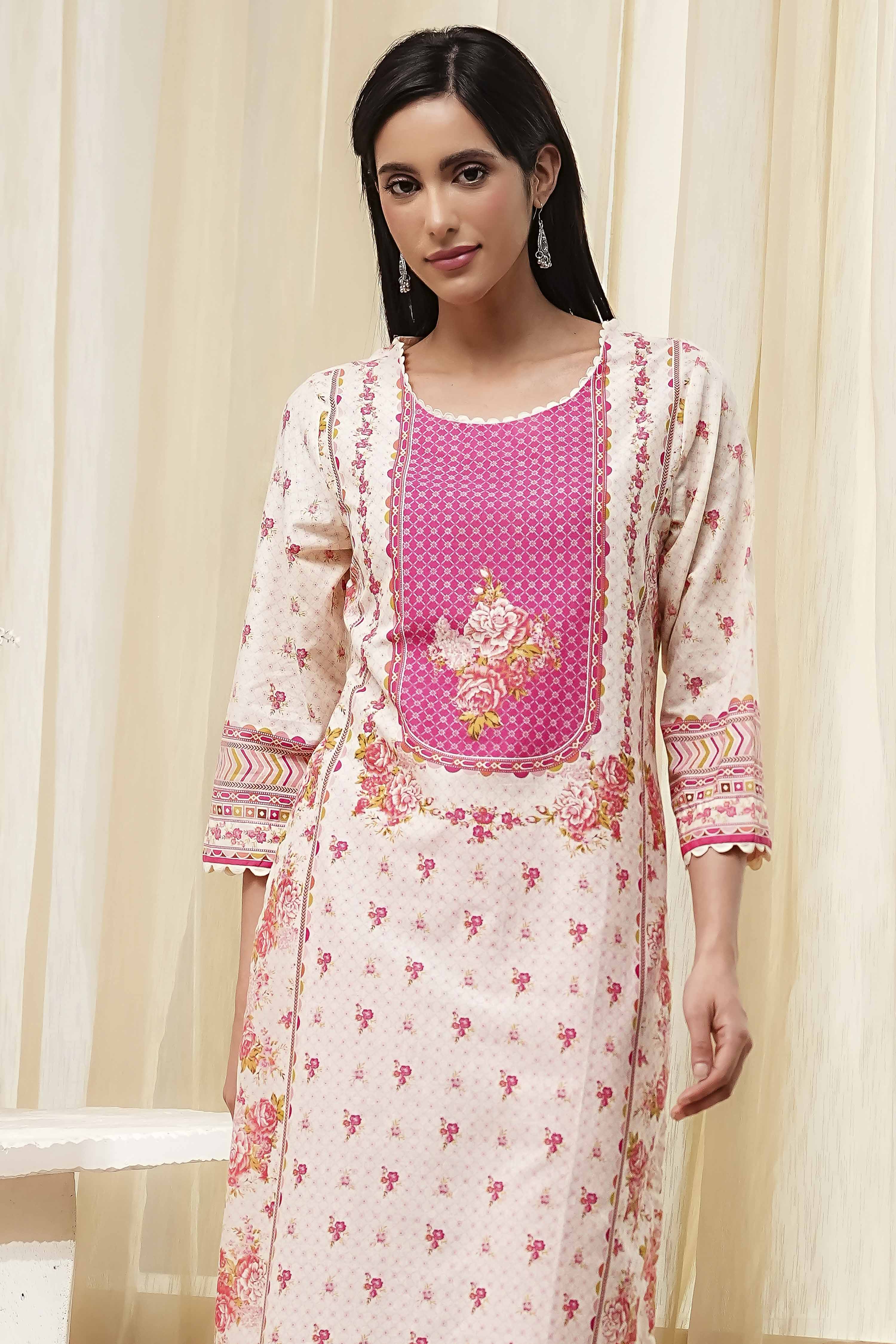 Pink Cotton Printed Straight Kurta image number 1