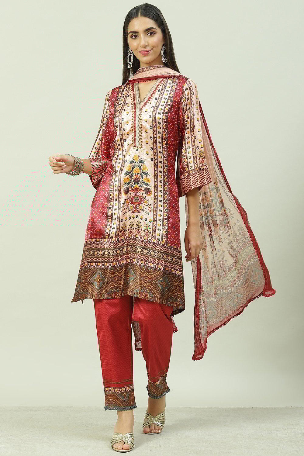 Maroon Silk Blend Straight Kurta Slim Pant Suit Set