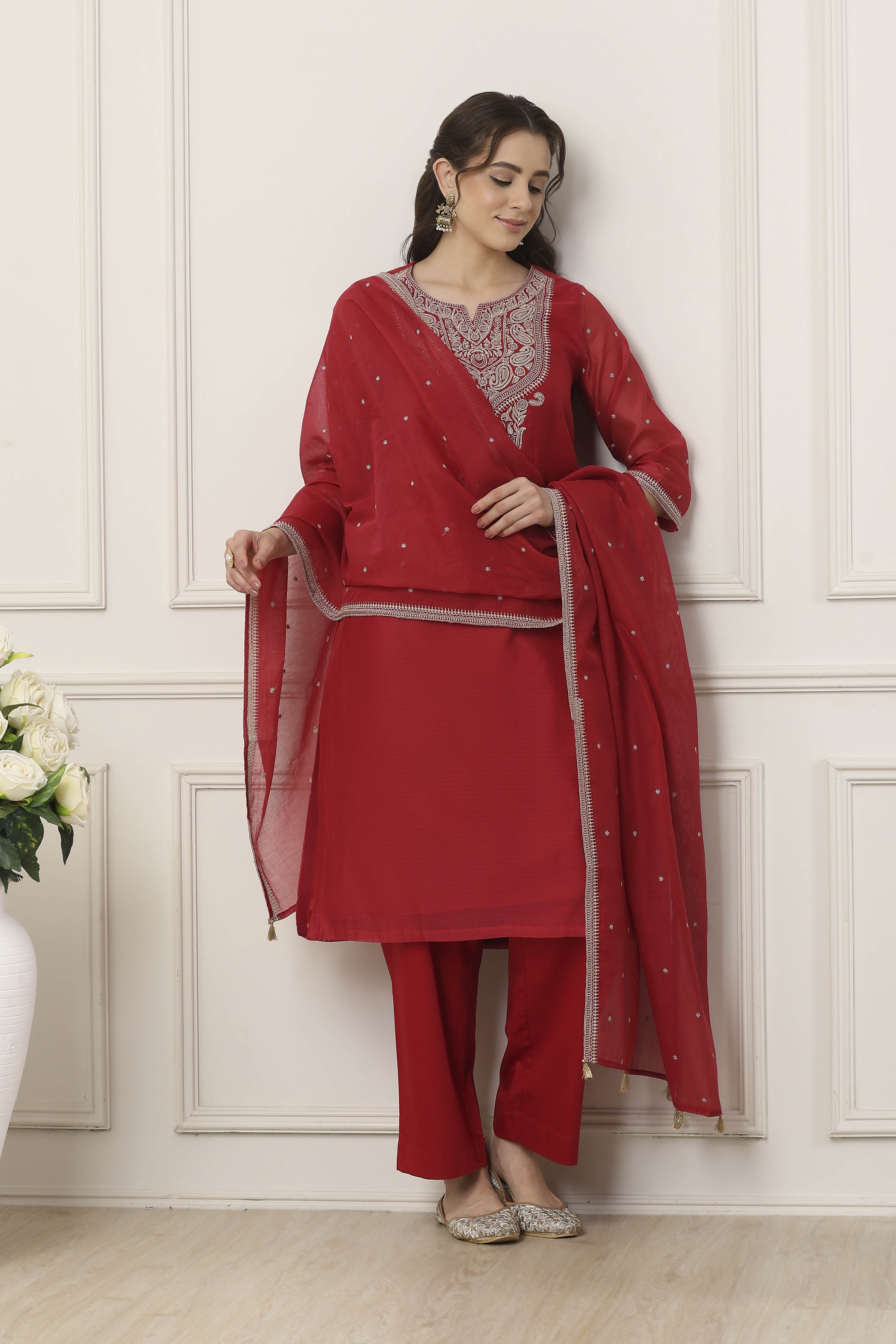 Red Poly Chanderi Yoke Embroidered Straight Suit Set image number 0