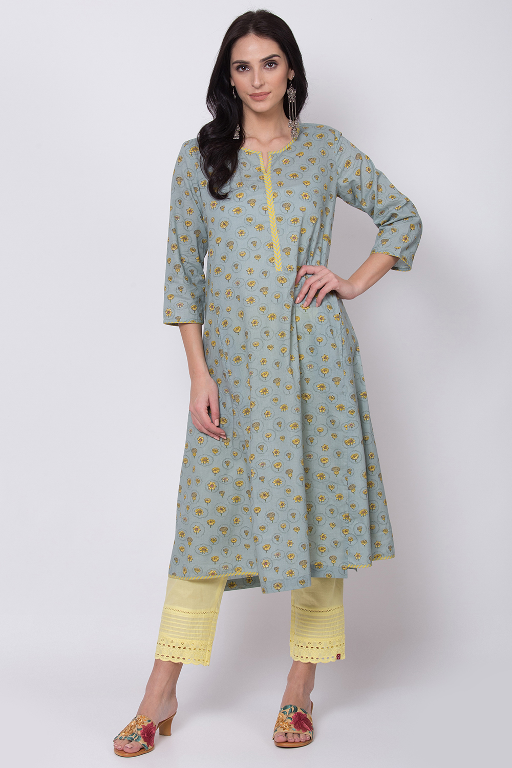 Teal Cotton A-Line Printed Kurta image number 0