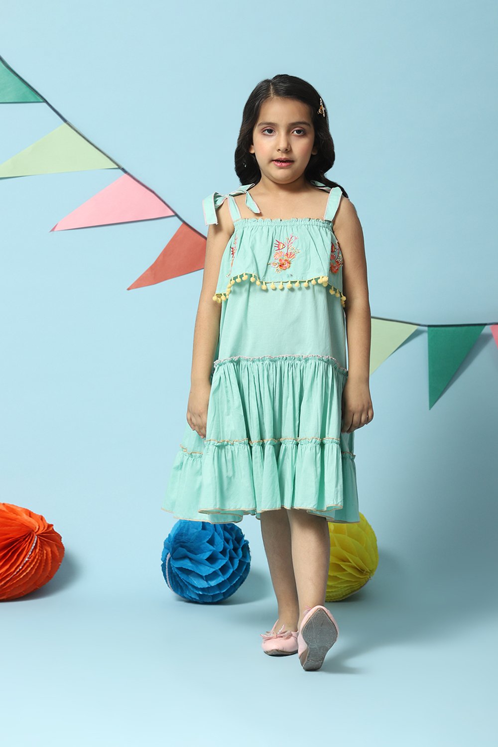 Sea Green Cotton Tiered Dress image number 5