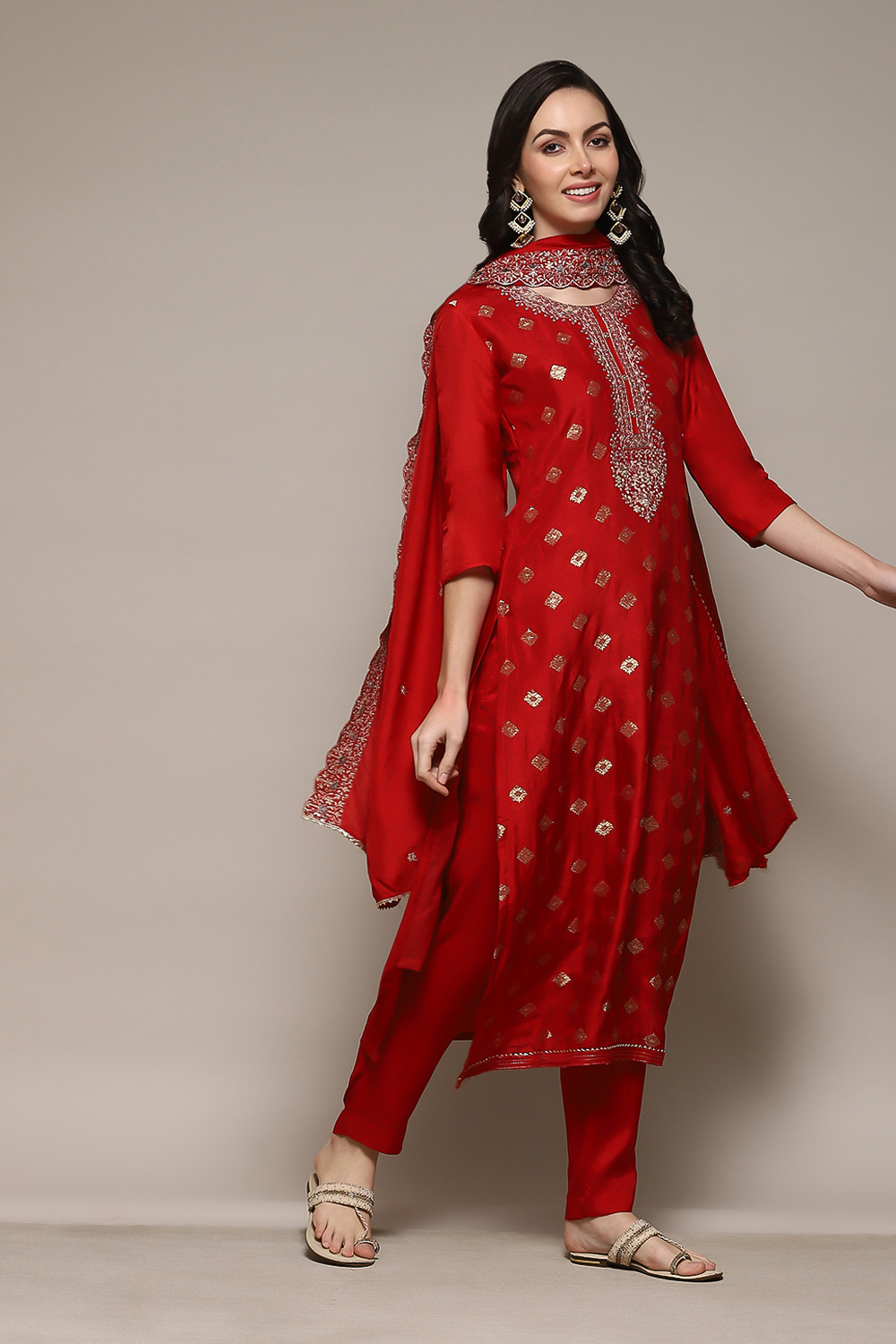 Red Banarasi Silk Machine Embroidered Unstitched Suit Set image number 7