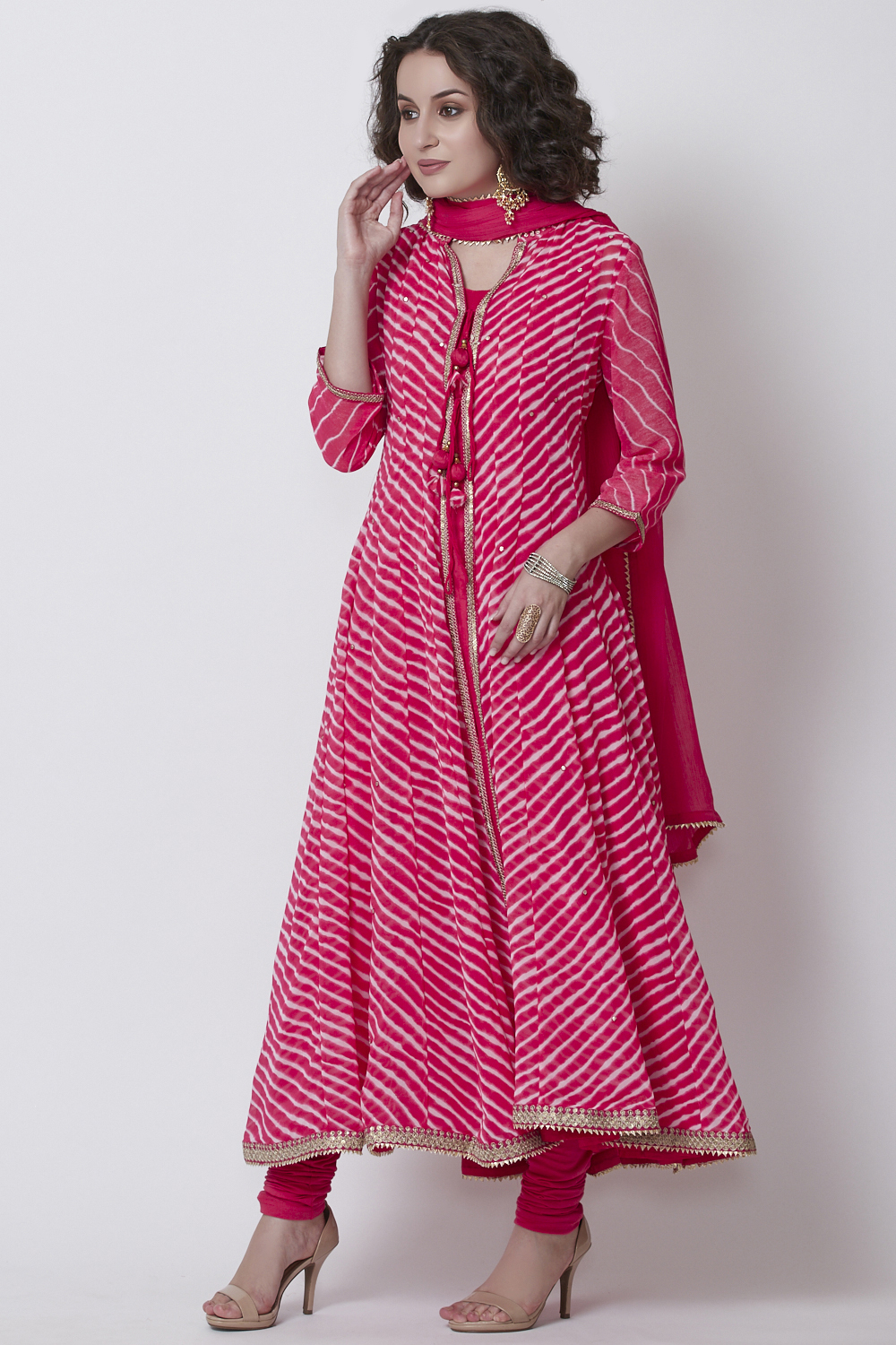 Pink Art Silk Front Open Kurta Churidar Suit Set image number 3