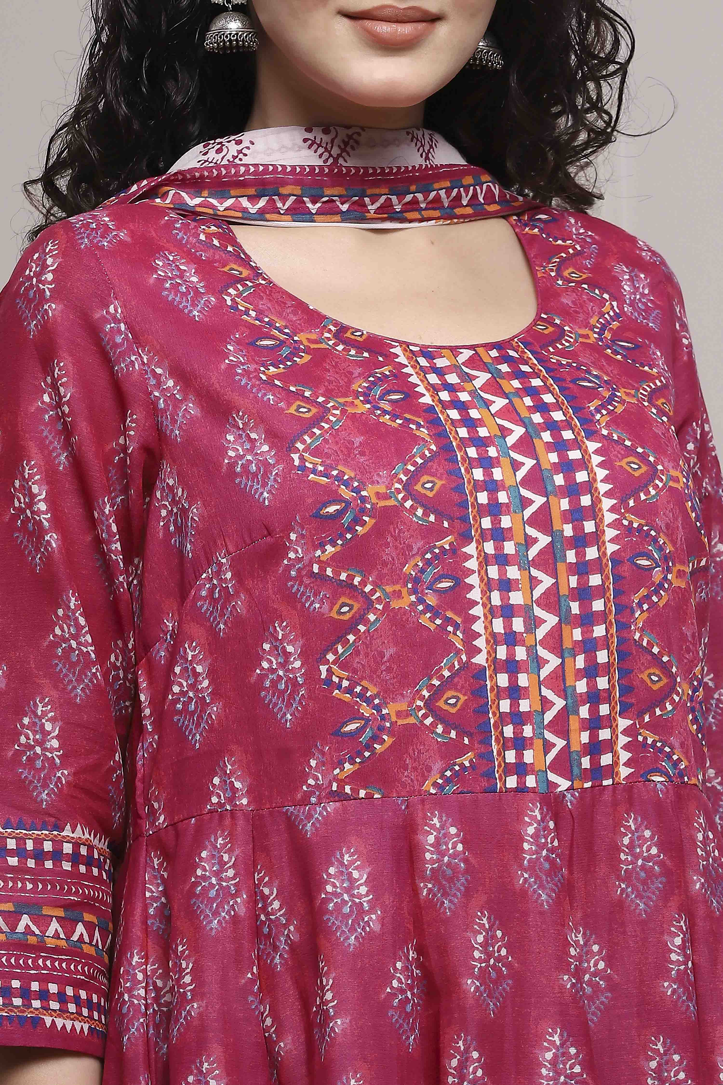 Magenta Cotton Anarkali Suit Set image number 1