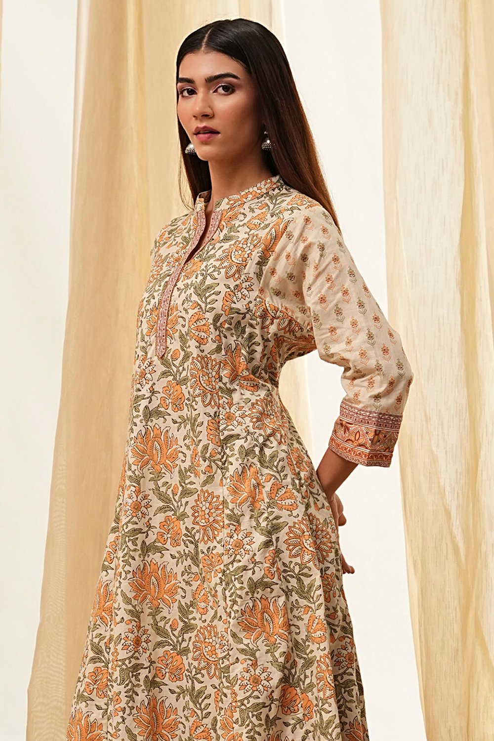 Beige Pure Cotton Floral Kalidar Kurta Set image number 1